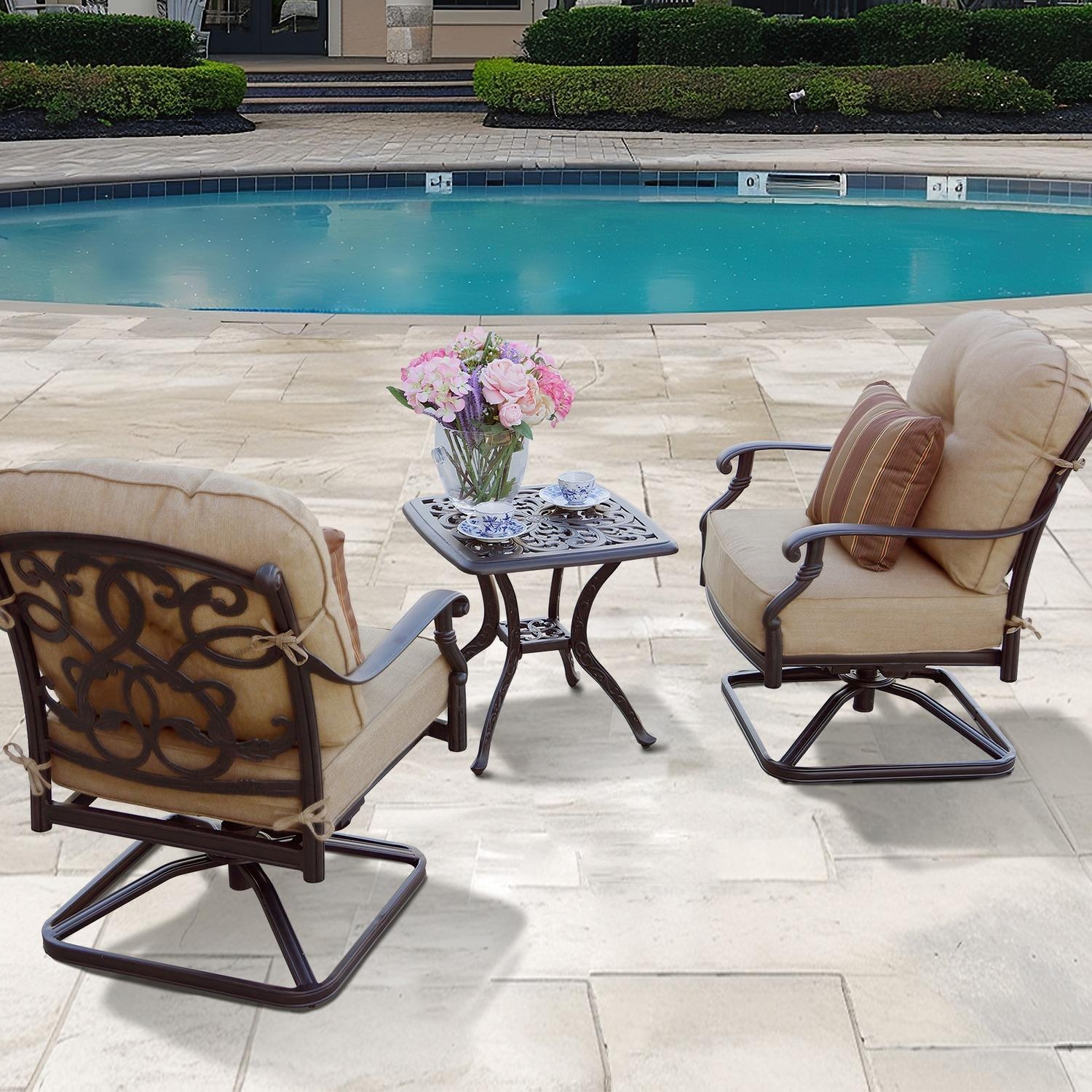 Darlee Santa Monica 3 Pc Cast Aluminum Seating Set w/ 21 Inch Series 80 End Table w/ Swivel Rockers & Throw Pillows in Antique Bronze/Beige Canvas by