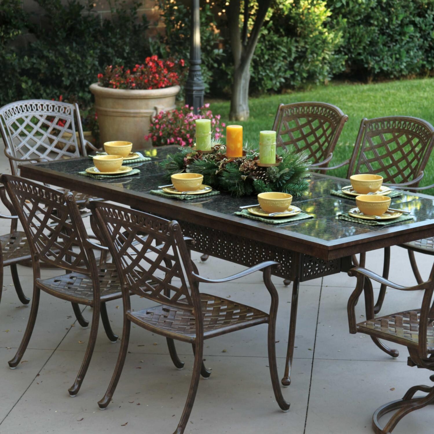 Darlee Sedona 9 Piece Cast Aluminum Patio Dining Set With Rectangular Granite Top Table - Mocha / Brown Granite Tile