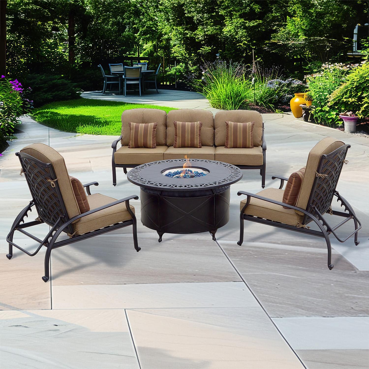 Darlee Nassau 4-Piece Patio Propane Fire Pit Sofa Conversation Set (with 2 Adjustable Club Chairs) with Cushions and 47 Inch Round Fire Pit Chat Table and Fireglass - Set - Lifestyle thumbnail