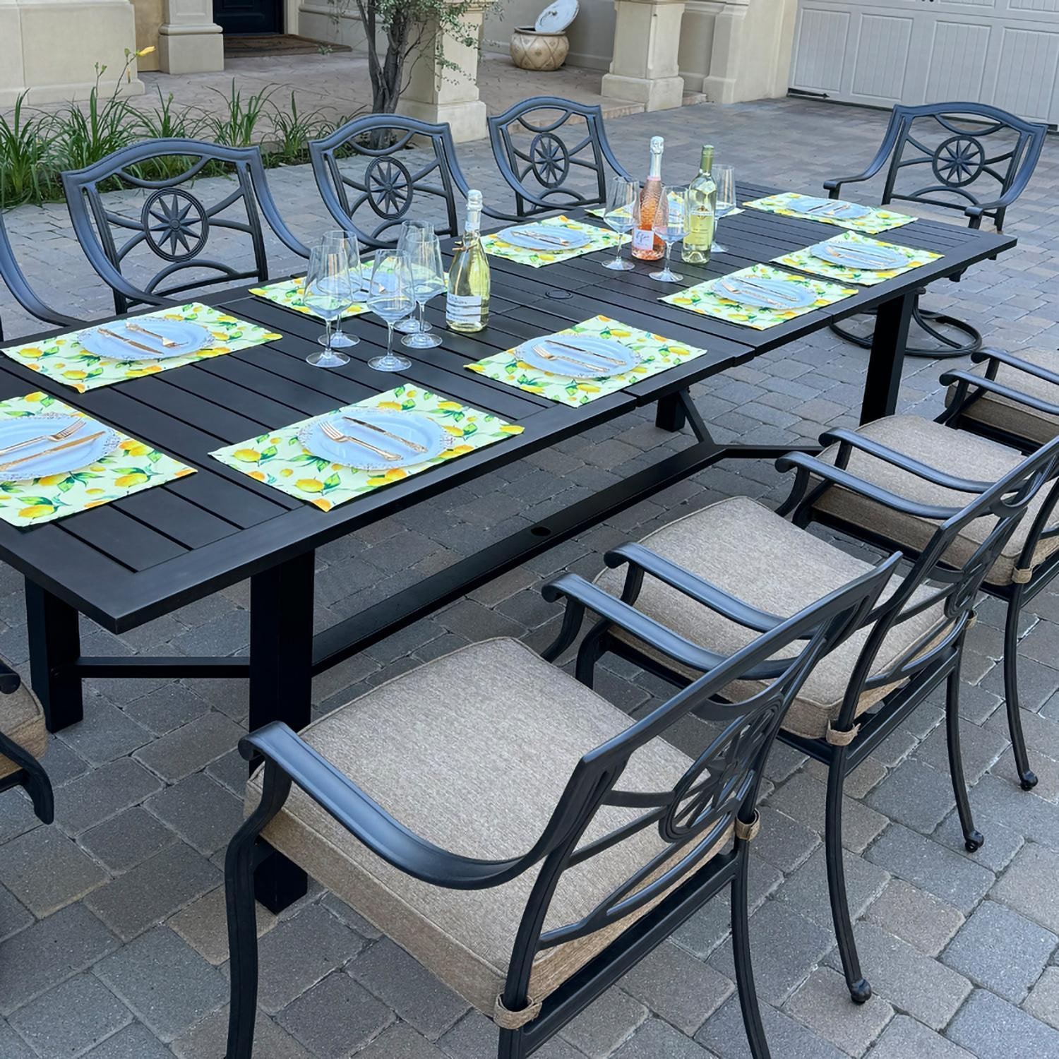 Darlee B/DL503-11PCDR-2350LE Ten Star 11 Pc Cast Aluminum Dining Set w/ Swivel Rocker Chairs in Antique Bronze - Set Angle - Lifestyle thumbnail