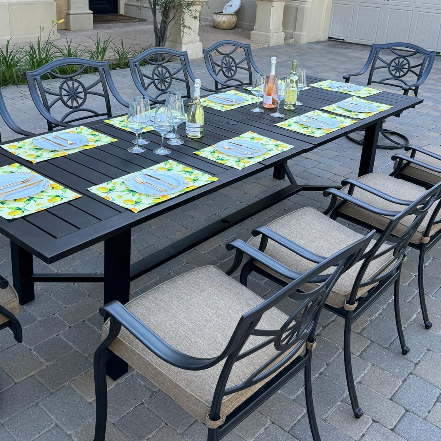 Darlee B/DL503-11PCDR-2350LE Ten Star 11 Pc Cast Aluminum Dining Set w/ Swivel Rocker Chairs in Antique Bronze - Set Angle - Lifestyle thumbnail