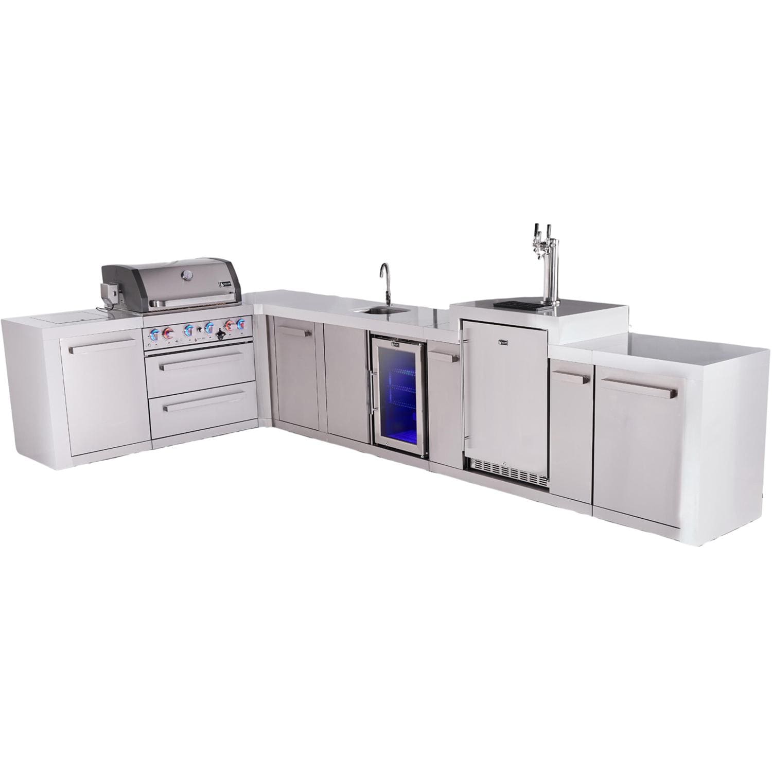 Mont Alpi Deluxe Series 13 1/2 Ft L-Shaped Natural Gas Outdoor Kitchen Island w/ 32-in Grill, Side Burner, Beverage Center, Kegerator & Extra Door (Ships Propane