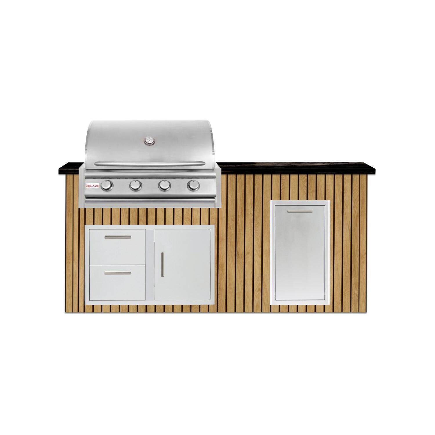BBQGuys Signature 6 Ft Outdoor Kitchen Island w/ 32-in Blaze LBM Propane Grill & Narrow Trash Bin | Sun Bleached Oak w/ Nero Mist Granite