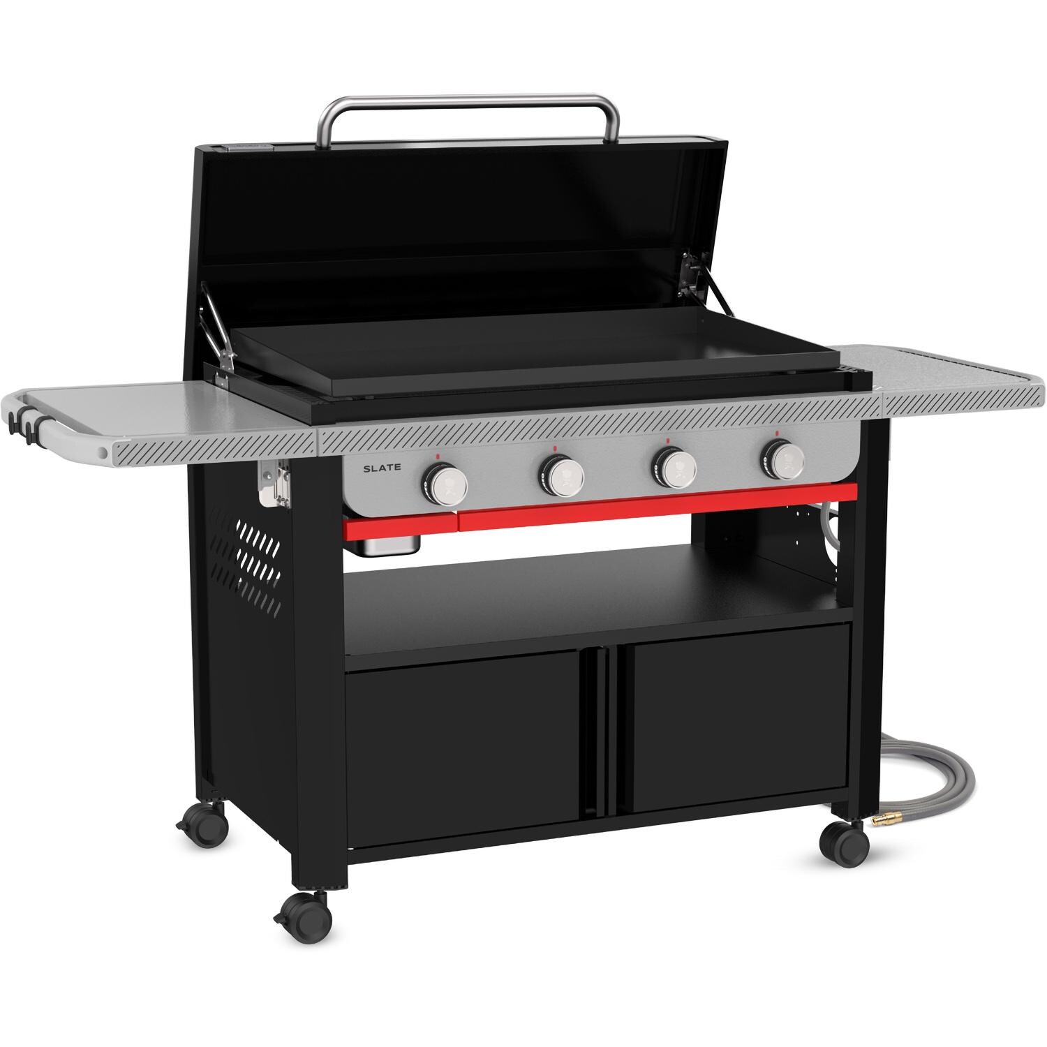Weber Grills 1502284 Slate 36-in 4 Burner Natural Gas Rust-Resistant Griddle w/ Closed Cabinet - Black - Angled Right Open - White Background thumbnail