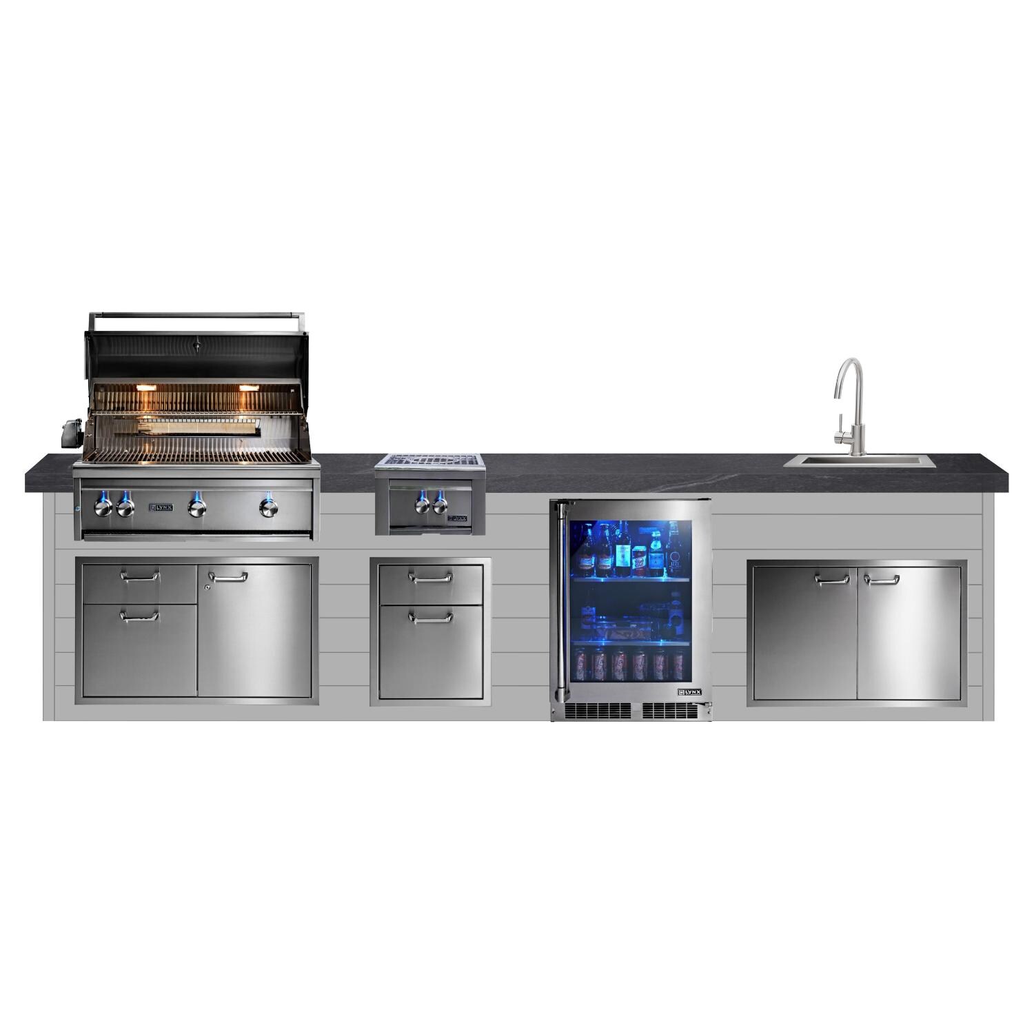 BBQGuys Signature 12ft Luxury Outdoor Kitchen w/ Lynx Professional 36-Inch Propane Grill, 21-Inch Sink & Refrigerator - Light Gray Steel w/ Black Polished Granite