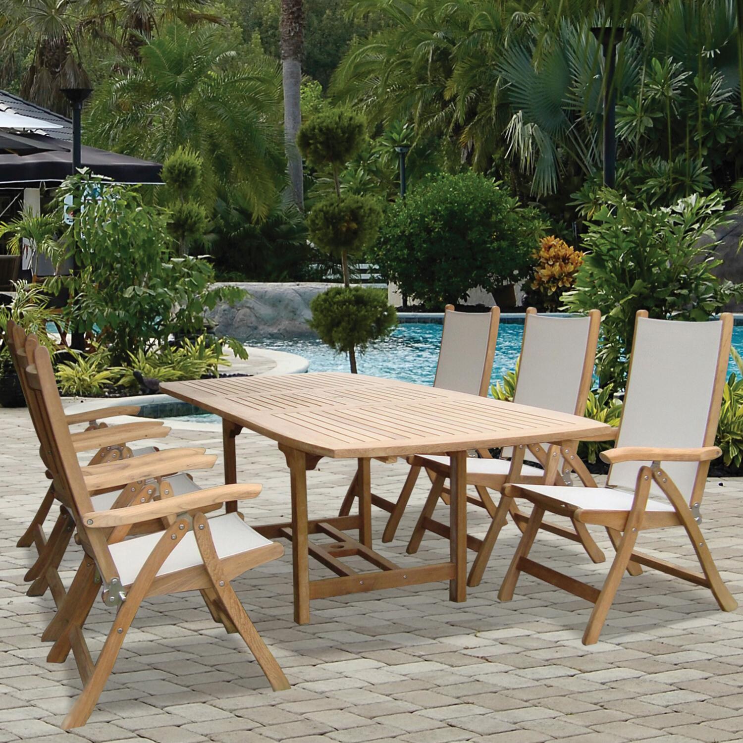 Florida 7 Piece Teak Patio Dining Set W/ 72 X 39 Inch Rectangular Extension Table By Royal Teak Collection - White Sling