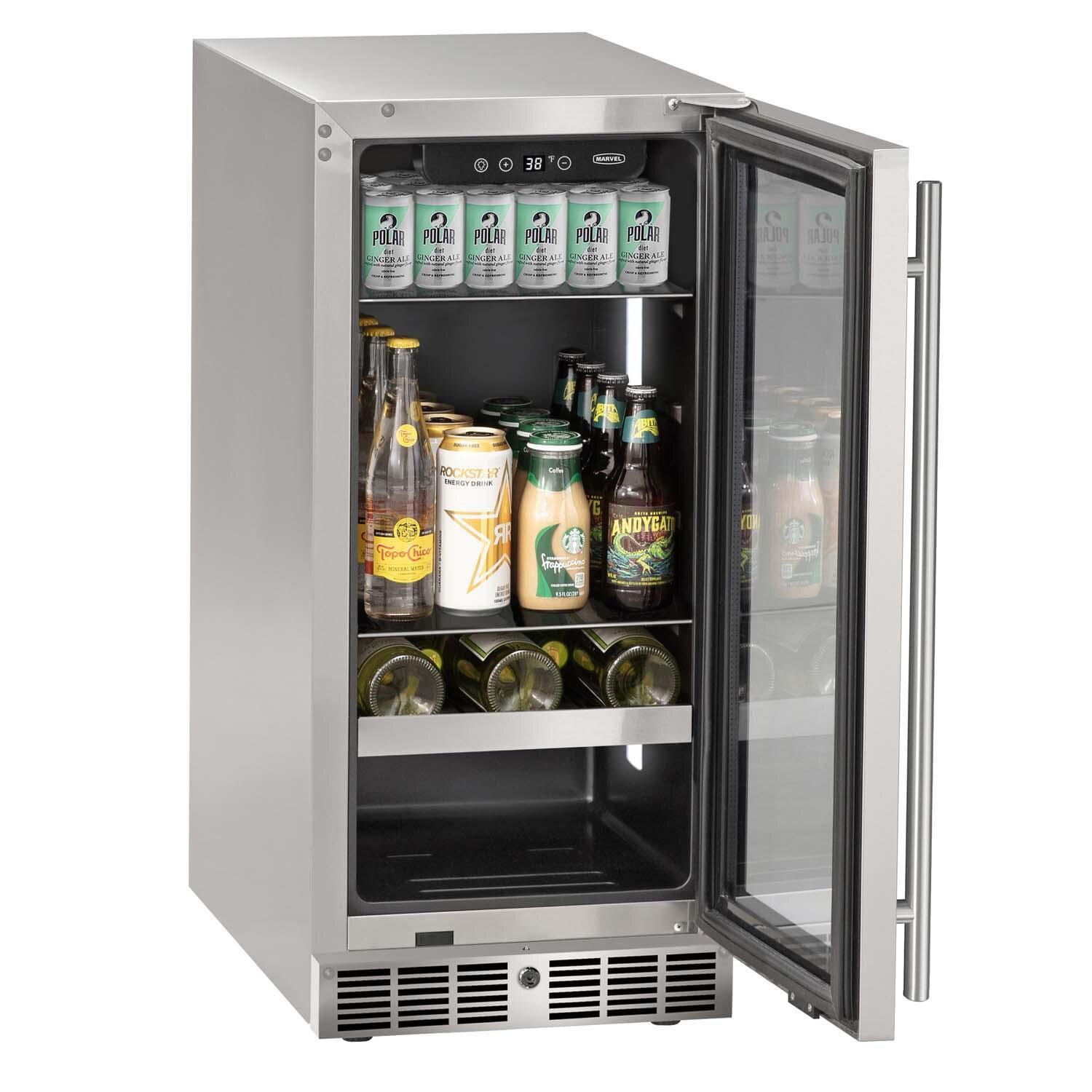 Marvel MRBV215-SG31A 15-in 3 Cu. Ft. Beverage Center - Door Open w/ Drinks - White Background thumbnail