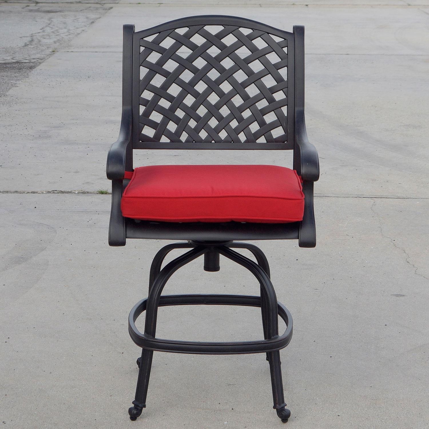 Nassau Cast Aluminum Swivel Counter Height Bar Stool in Antique Bronze/Red by Darlee - Patio - Lifestyle thumbnail