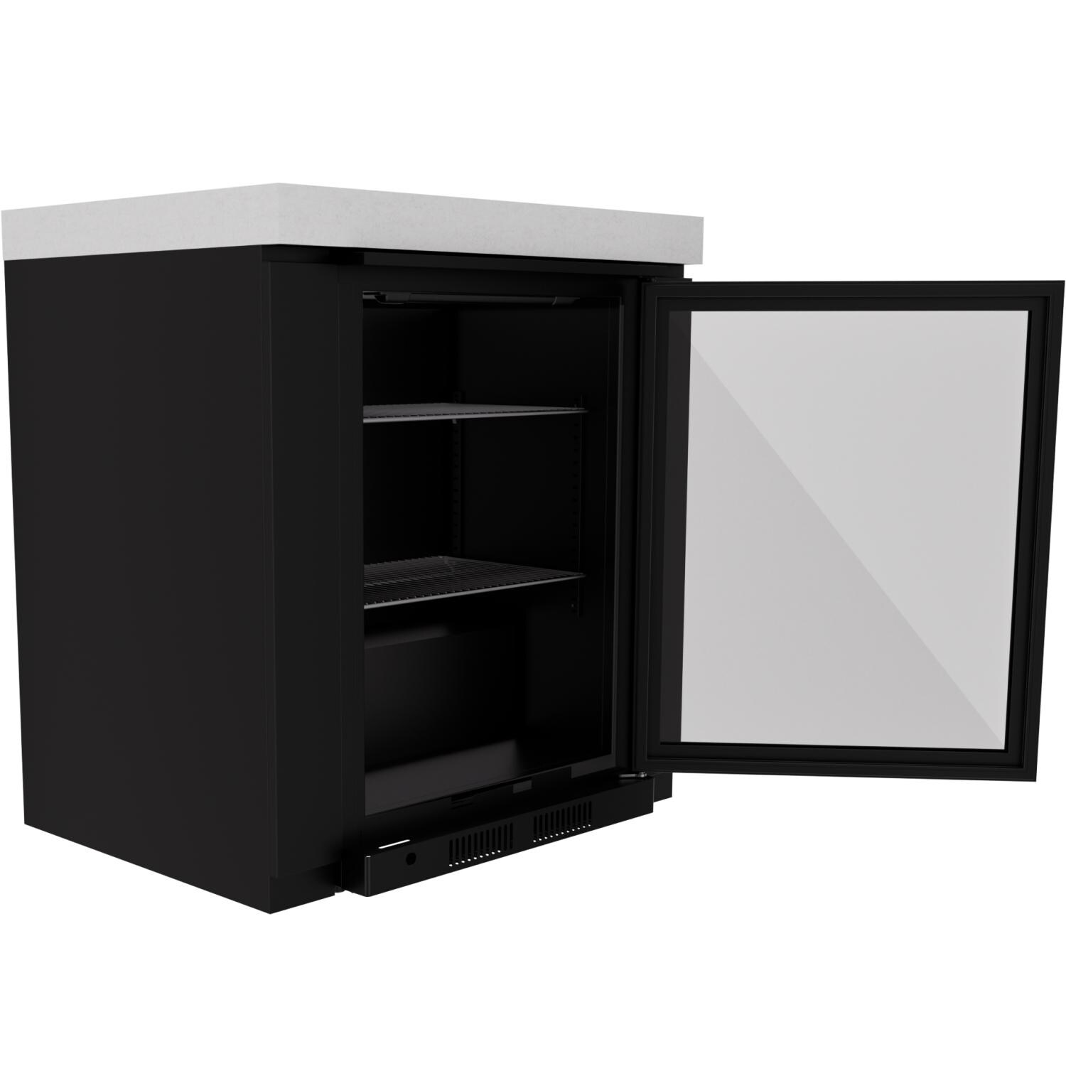 Everdure 6 1/2 Ft Outdoor Kitchen Island w/ Marine Grade Aluminum Cabinets  in Black - Beverage Cooler Module Open - White Background thumbnail