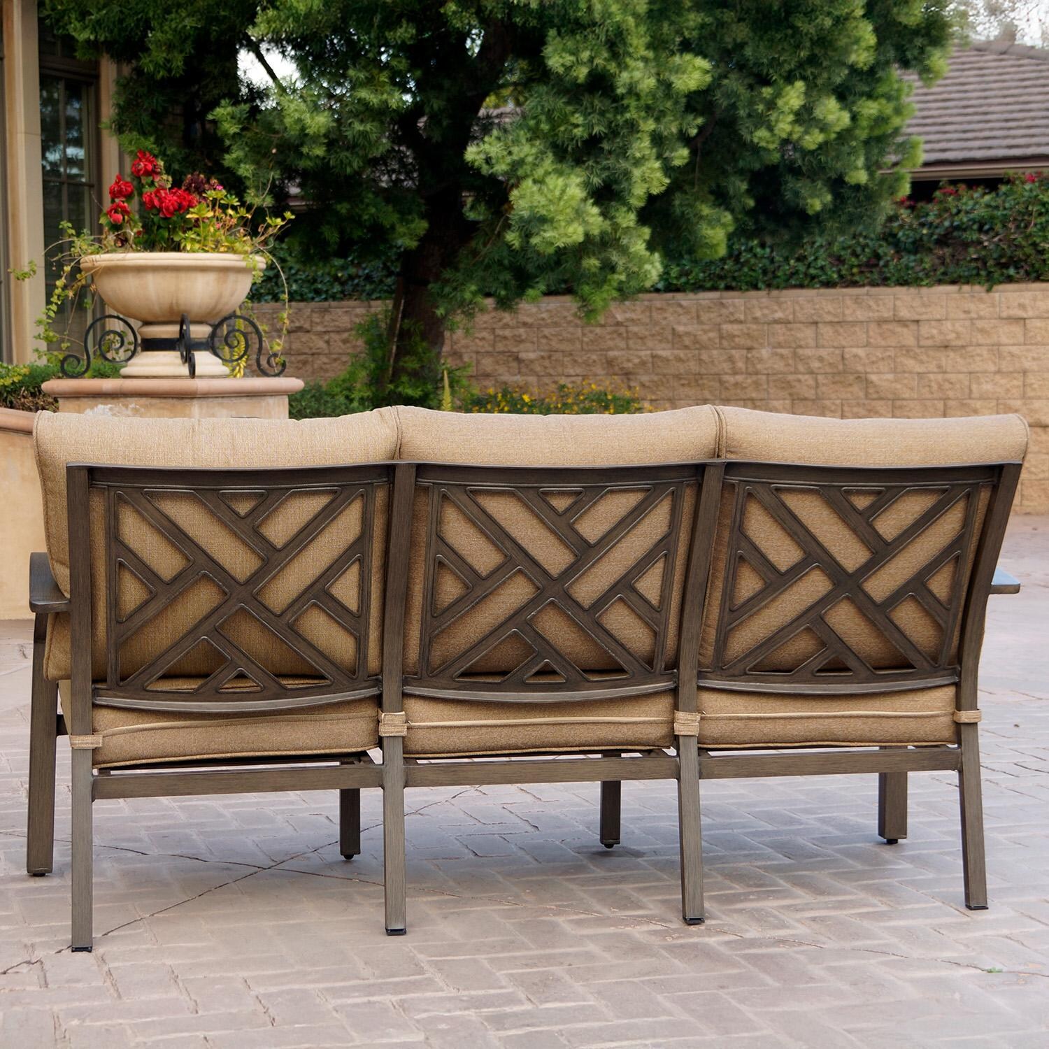 Brooklyn 6 Pc Aluminum Fire Pit Seating Set w/Ottomans in Multi-brown/Sesame by Darlee - Sofa Back View - Lifestyle thumbnail
