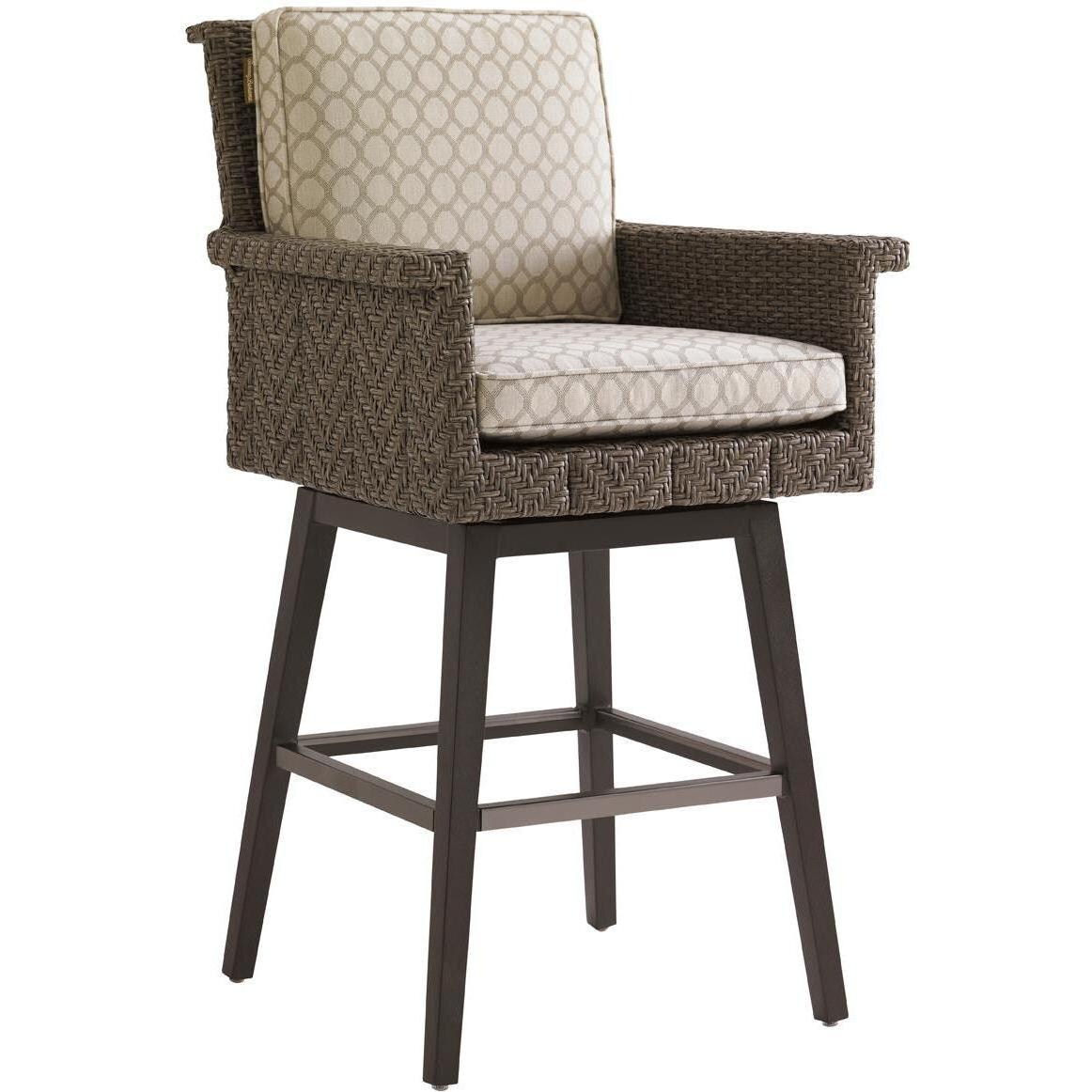 Blue Olive Wicker Patio Swivel Bar Stool W/ Sunbrella Fabric By Tommy Bahama