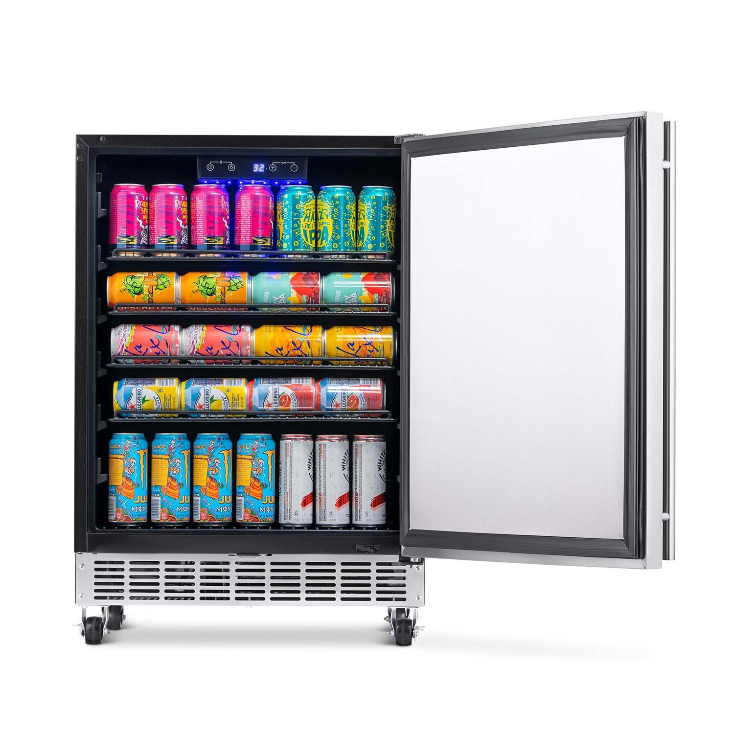Newair NOF160SS00 24-Inch Built-in 160 Can Outdoor Beverage Fridge - Door Open with Drinks thumbnail