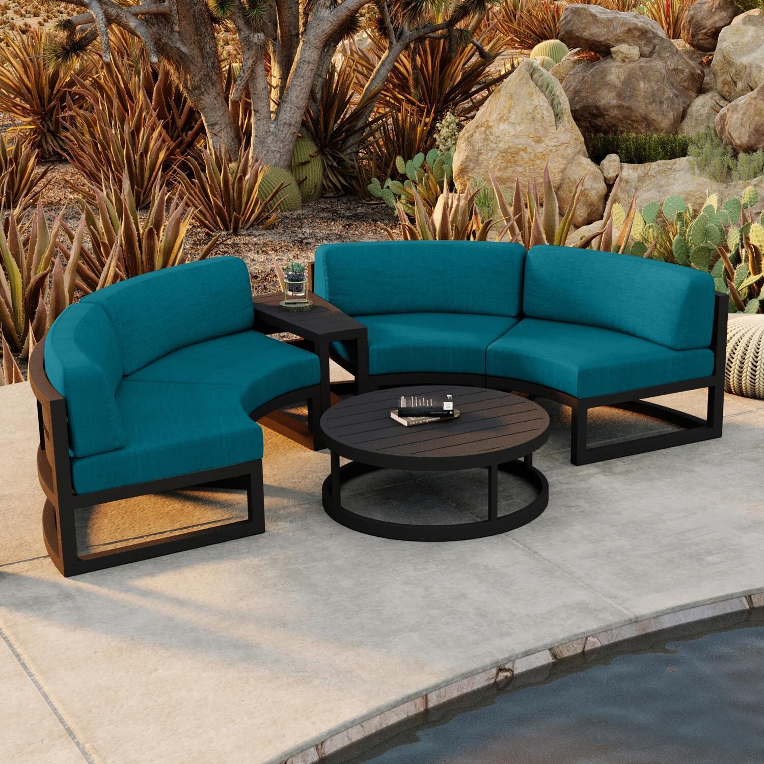 Lakeview MSTYCV-BK-4CSEC-PC Misty Cove 4 Pc Aluminum Curve Sectional Set in Black w/Coffee Table & Spectrum Peacock Cushions by Lakeview Outdoor Designs - Set by the Pool From Above - Lifestyle thumbnail
