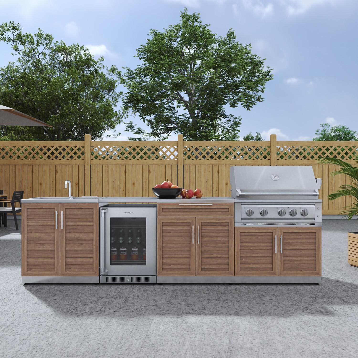 NewAge Products Classic Series 10 1/2 Ft Outdoor Kitchen Island w/ 36-in Natural Gas Grill, Sink, Glass Door Refrigerator, Trash Bin, Door & Drawer in Grove/Stainless Steel