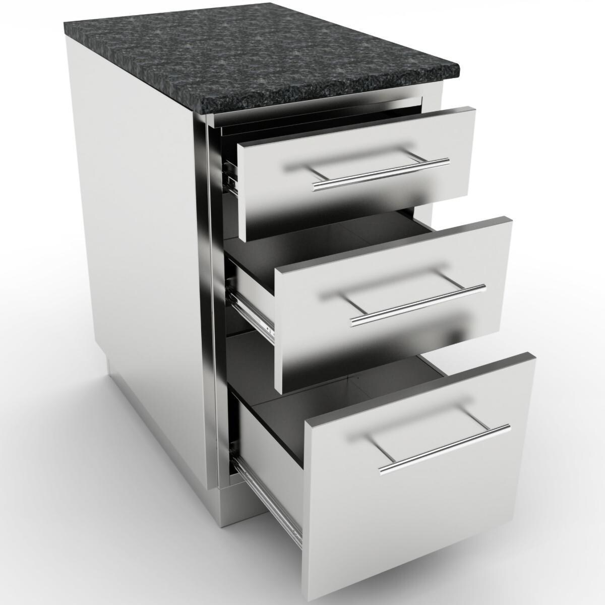 Sunstone SBC18STD 18-in Outdoor Kitchen Triple Drawer Island Cabinet - Shown Finished With Countertop & End Panels (Not Included) - White Background thumbnail