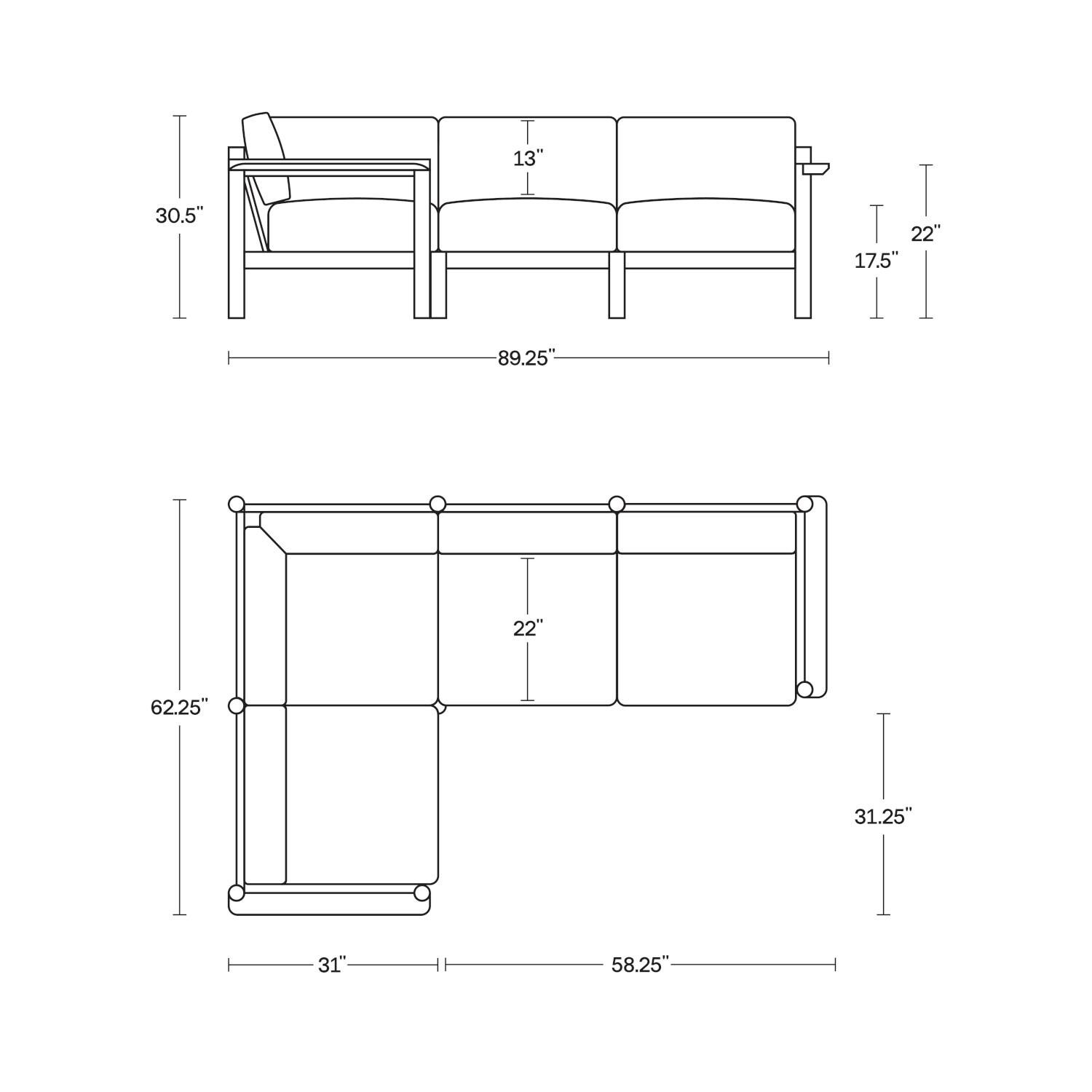 Neighbor HVN-SECT4-CO-2 4 Piece Sectional W/ Teak Arms - Dimensions thumbnail
