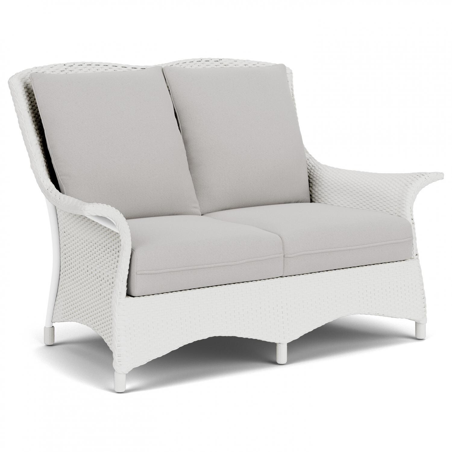 Lloyd Flanders Mandalay Loveseat in Matte White Finish with Tundra Dove fabric - Angled thumbnail