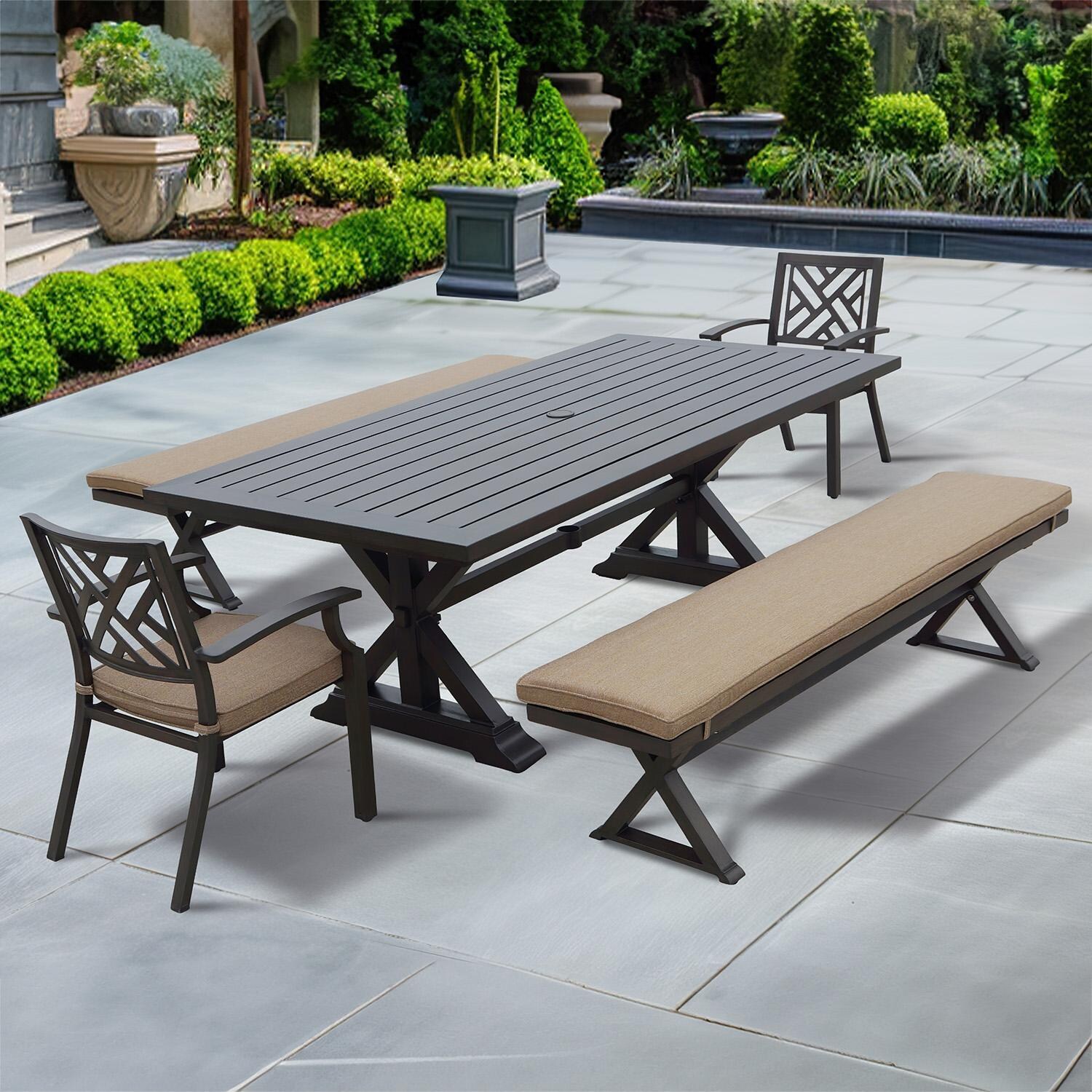 Darlee Brooklyn 5-Piece Patio Dining Set (with 2 Dining Chairs and 2 Benches) with Cushions and 44 X 86 Inch Rectangular Dining Table - Set - Lifestyle thumbnail