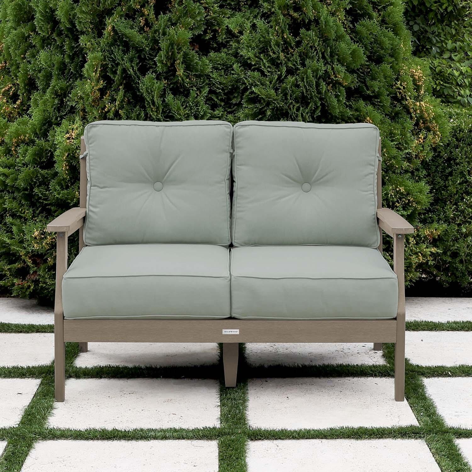 Blushing Bay 2 Person Recycled Plastic Loveseat in Canvas Seasalt/Woodland Brown by Lakeview Outdoor Designs - Lifestyle thumbnail