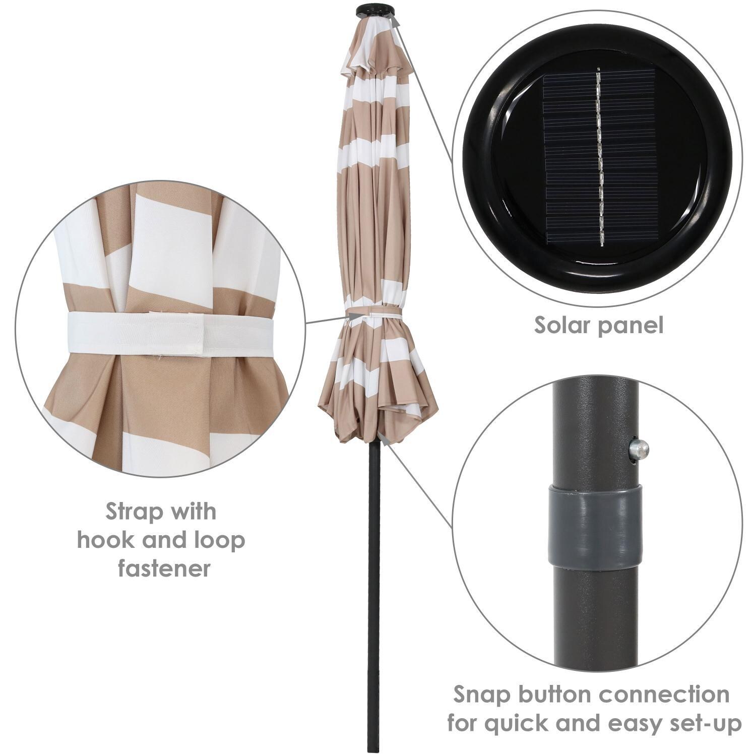 Ultimate Patio 9 Ft. Solar Lighted Octagonal Patio Umbrella W/ Crank Lift - Beige Stripe Canopy - Canopy Strap, Solar Panel, & Pole Connection thumbnail