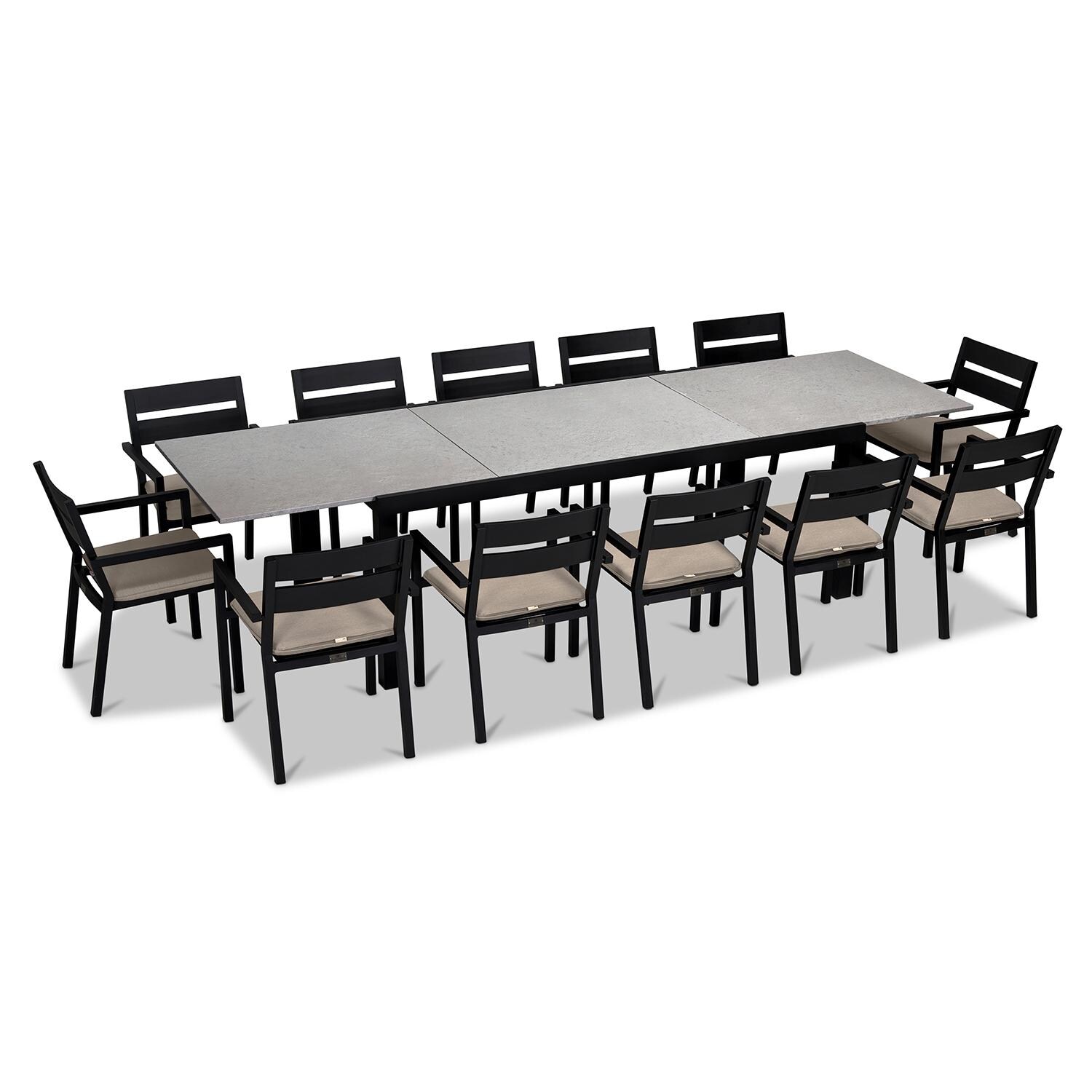 Calm Bay 13 Pc Extendable Aluminum Dining Set in Black/Concrete/Canvas Flax by Lakeview Outdoor Designs