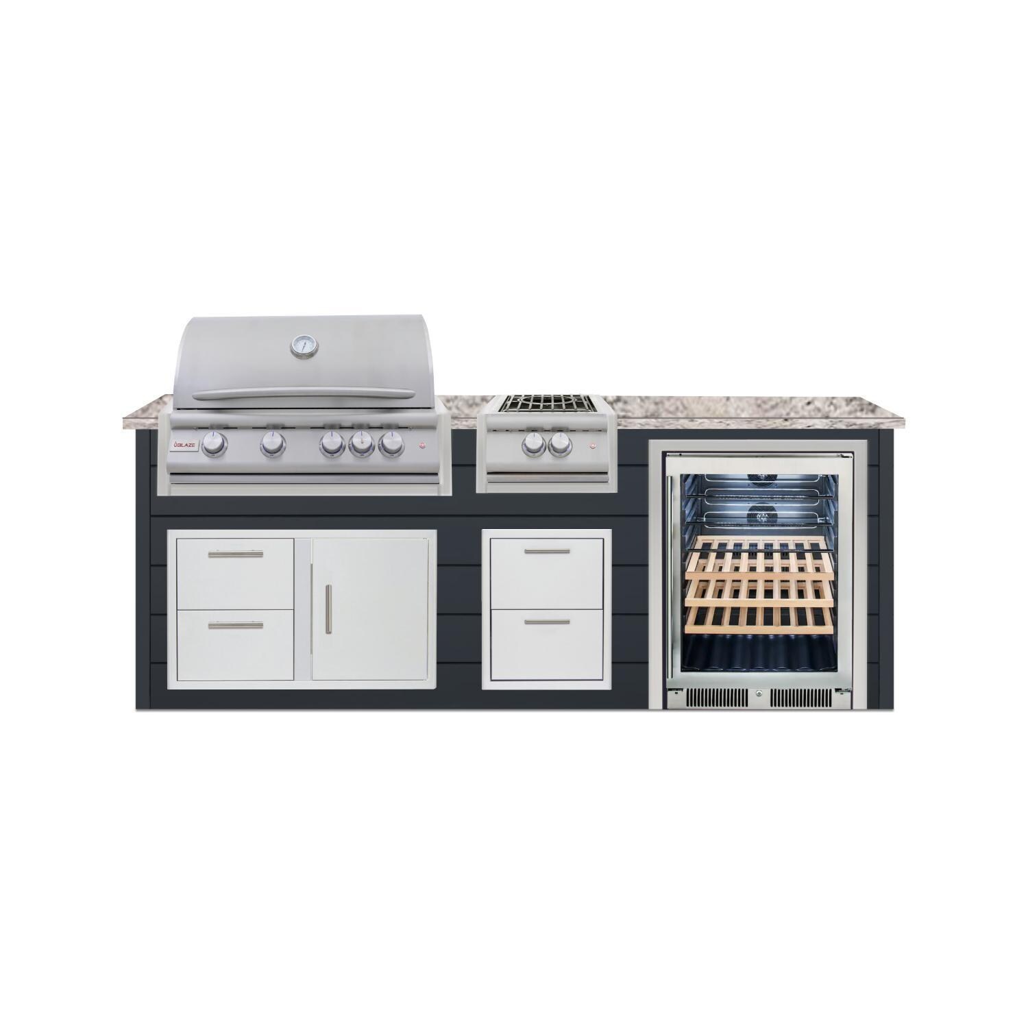 BBQGuys Signature 8 Ft Outdoor Kitchen Island w/ 32-in Propane Blaze LTE+ Grill, Power Burner & Beverage Center | Asphalt Gray w/ White Granite