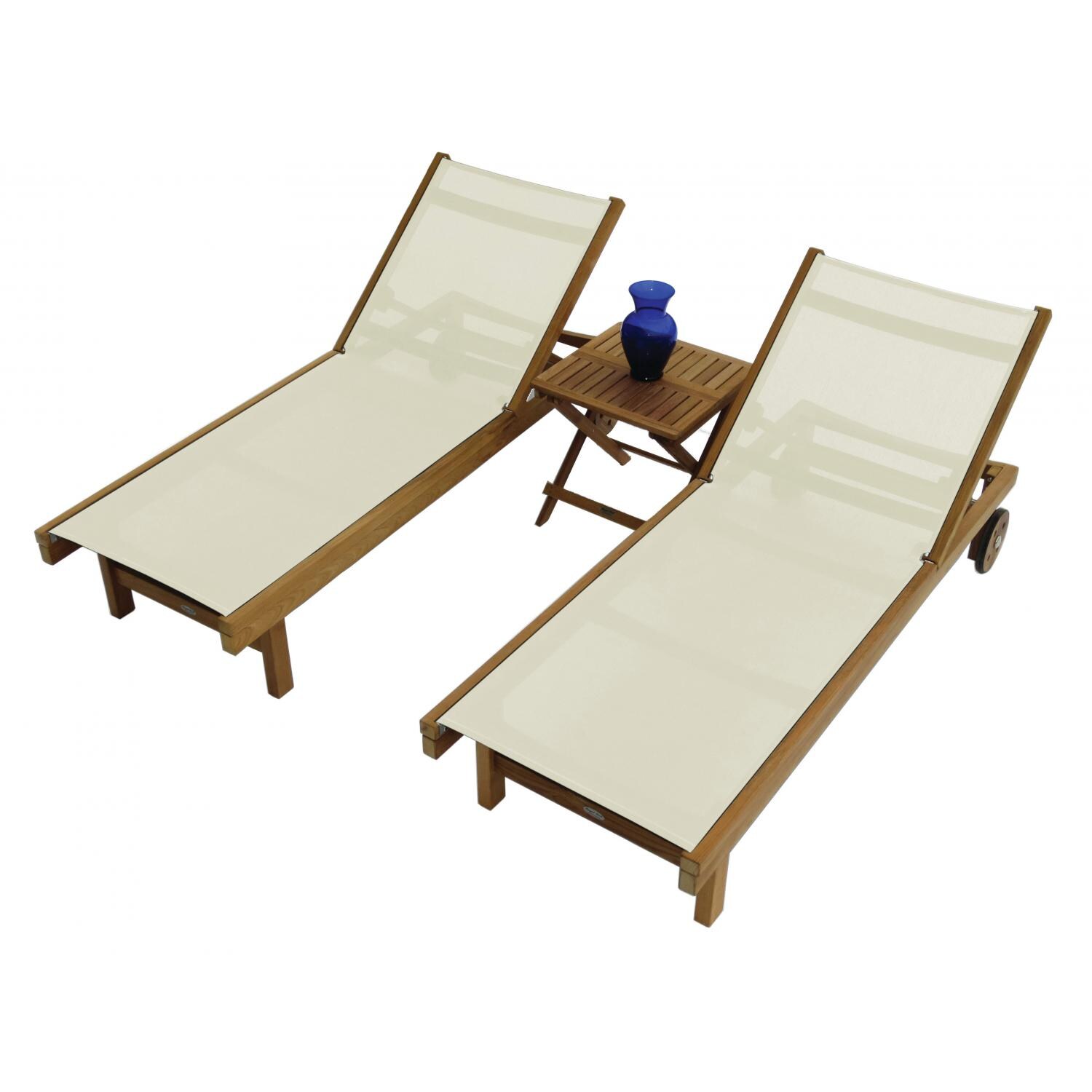 Royal Teak Collection 3 Piece Sundaze Teak Patio Chaise Lounge Set W/ 20 Inch Square Folding Side Table - White Sling thumbnail