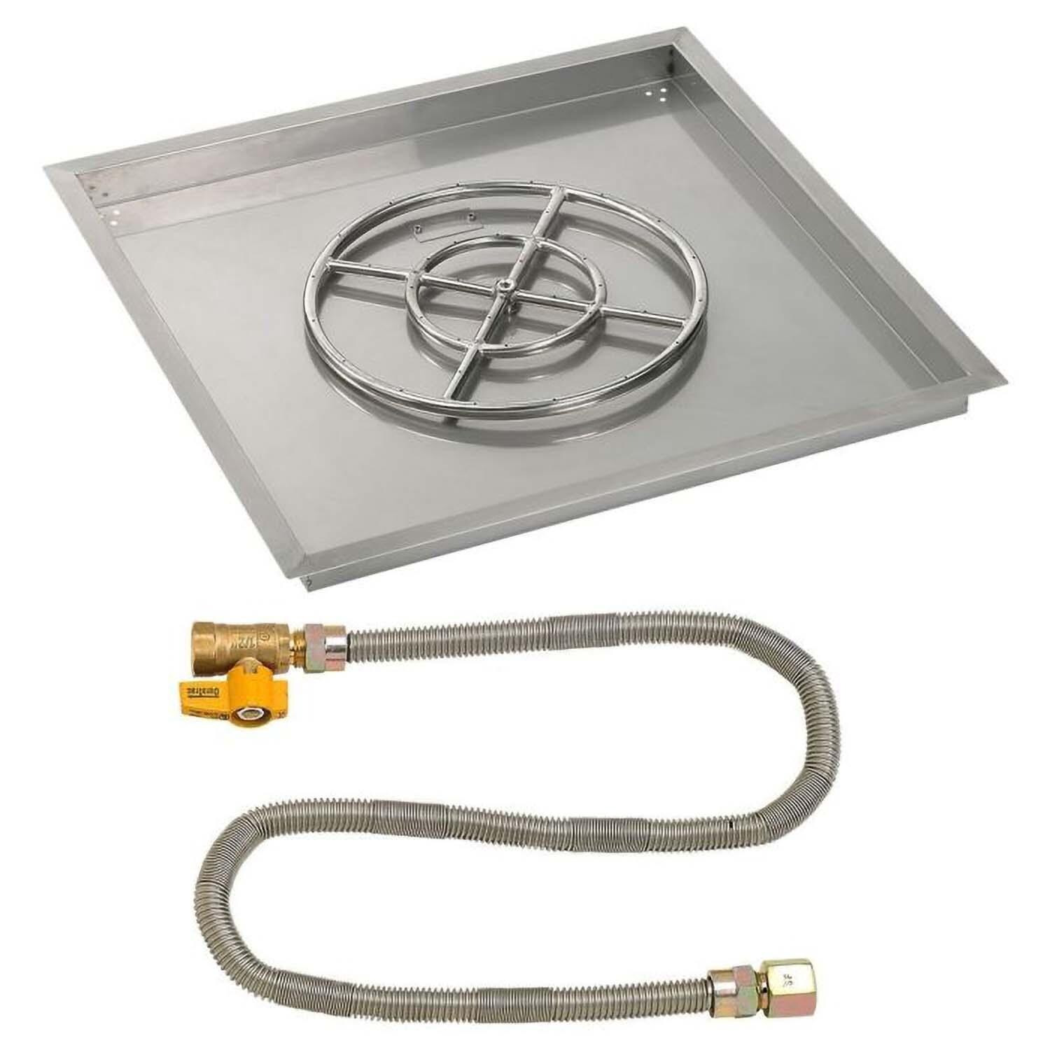 BBQGuys Signature 30 Inch Stainless Steel Square Drop-In Fire Pit Pan W/Match Light Kit - 18 Inch Ring - Natural Gas