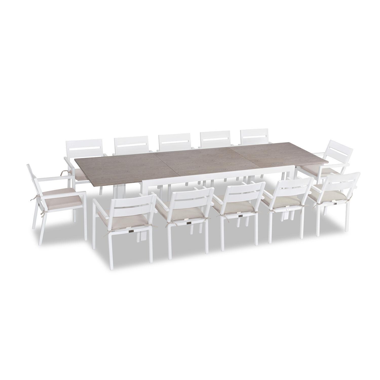 Calm Bay 13 Pc Extendable Aluminum Dining Set in White/Barnwood/Cast Silver by Lakeview Outdoor Designs