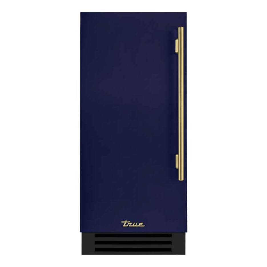 True TUR-15-L-OP-C~DSK-078-H01 15 Inch 3.14 Cu. Ft. Left Hinge Outdoor Refigerator - Cobalt w/ Brass Handles - White Background thumbnail