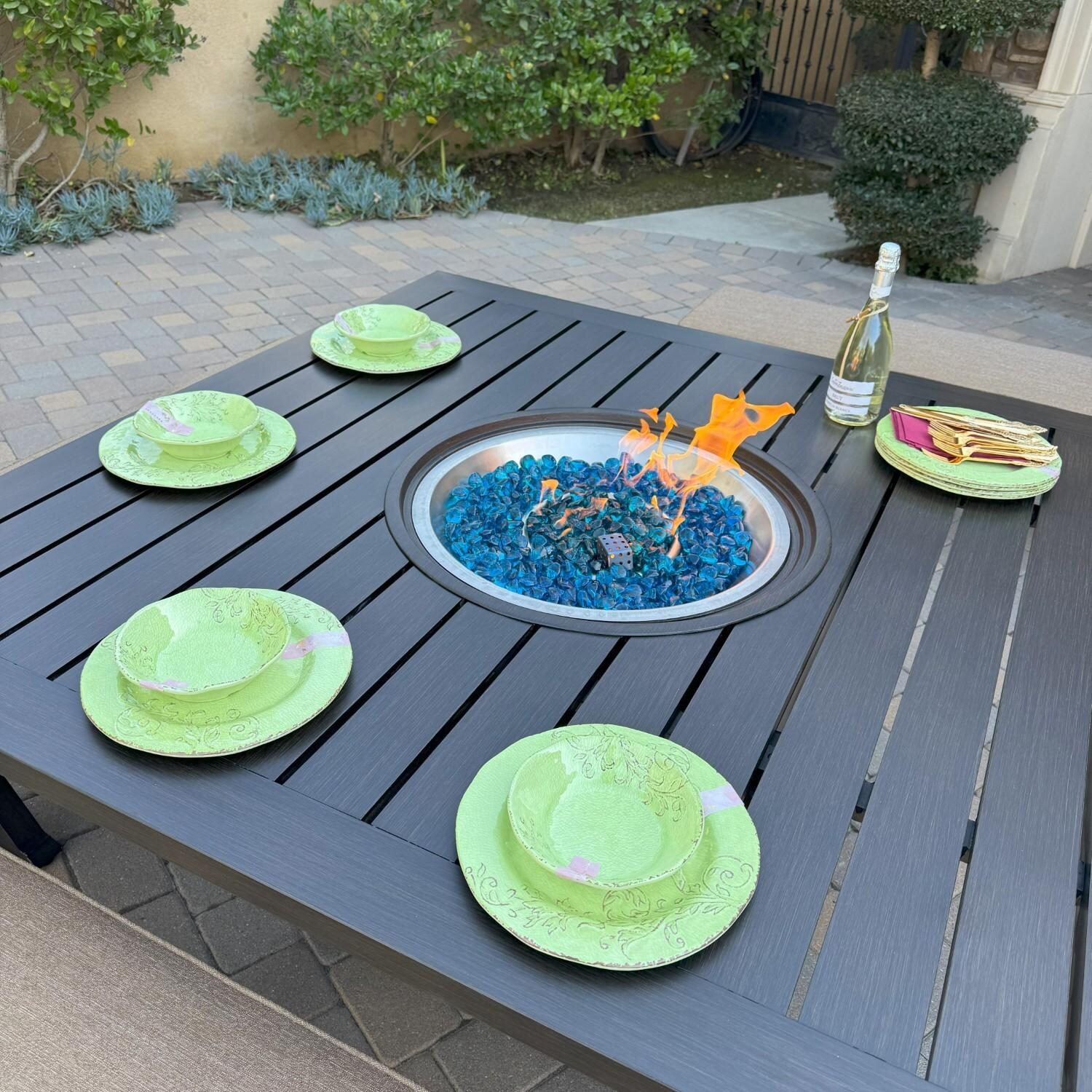 Brooklyn 6 Pc Aluminum Dining Set w/ 60 Inch Propane Fire Pit Table in Sesame/Multi-brown by Darlee - Table Close Up - Lifestyle thumbnail