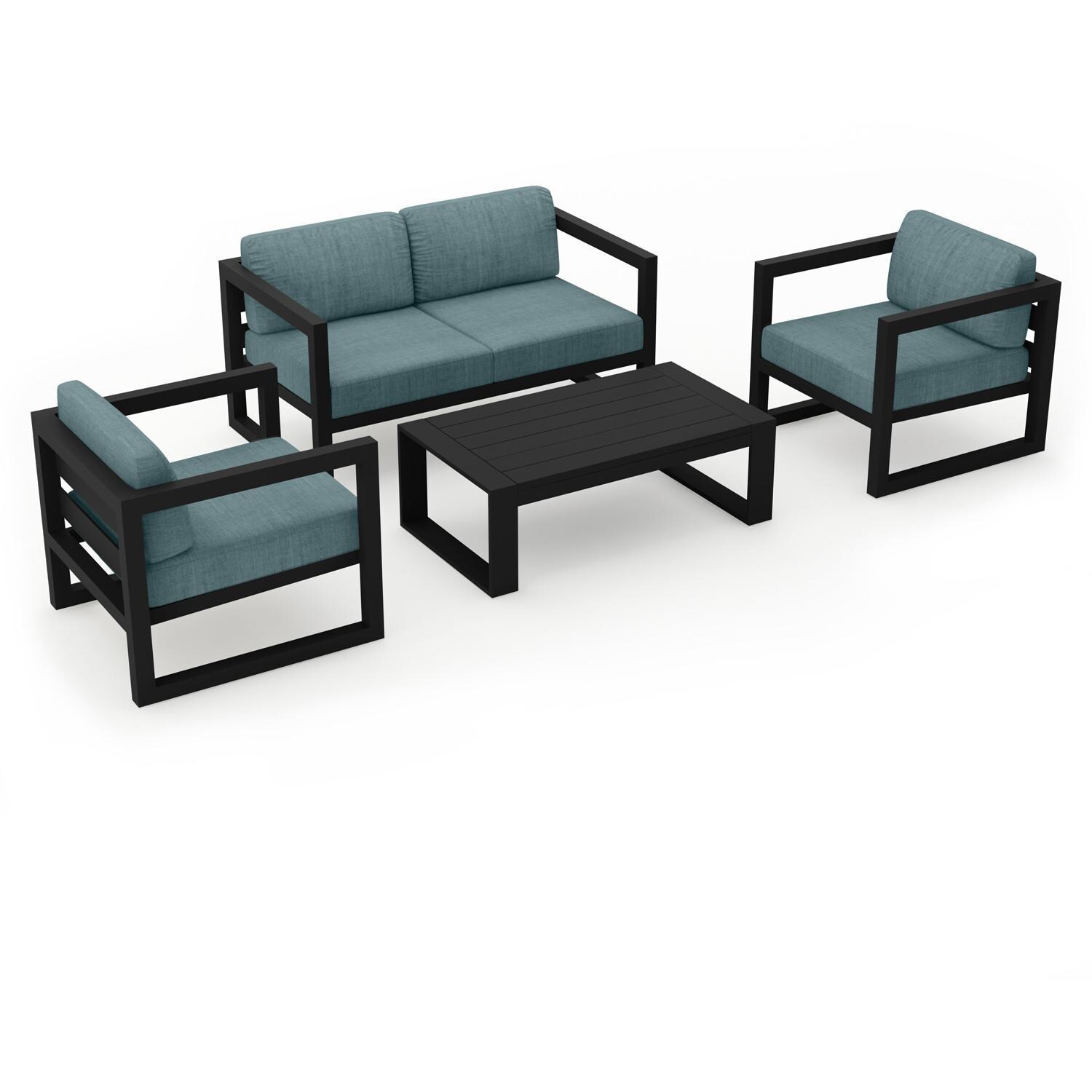Lakeview MSTYMAS-BK-4SS-CL Misty Cove 4 Pc Aluminum Seating Set in Black w/Loveseat & Cast Lagoon Cushions by Lakeview Outdoor Designs - Set Angled - White Background thumbnail