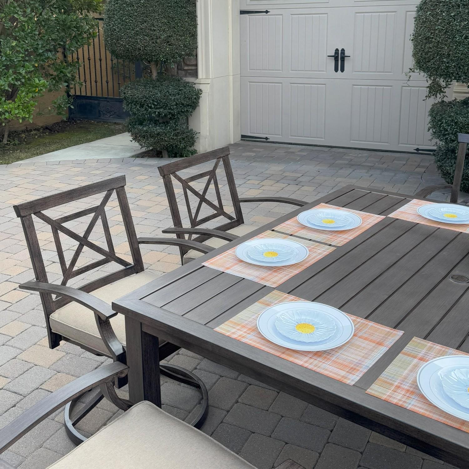 Atlantis 9 Pc Aluminum Dining Set w/ 8 Swivel Rocker Dining Arm Chairs in Walnut/Beige by Darlee - Chairs At Table - Lifestyle thumbnail