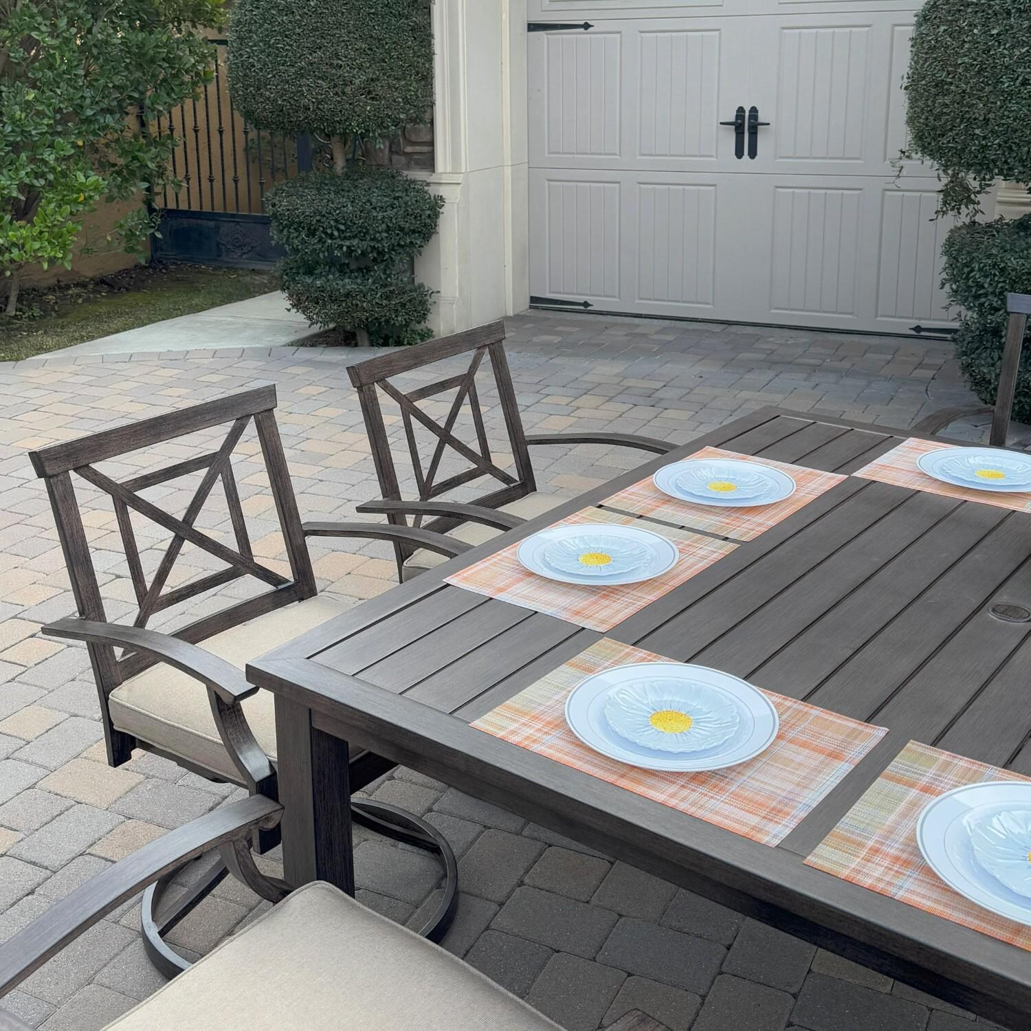 Atlantis 9 Pc Aluminum Dining Set w/ 8 Swivel Rocker Dining Arm Chairs in Walnut/Beige by Darlee - Chairs At Table - Lifestyle thumbnail