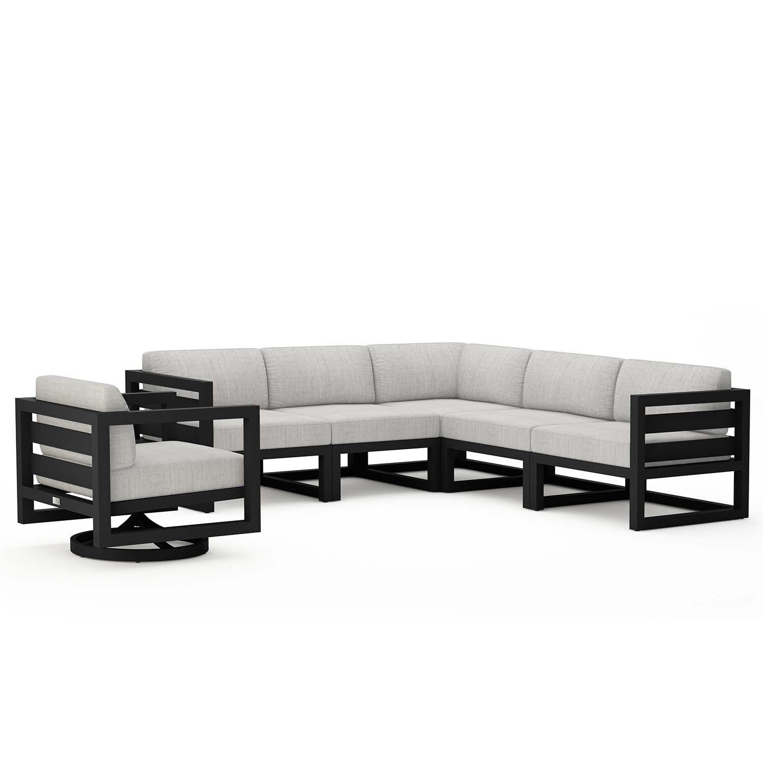 Misty Cove 6 Pc Aluminum Sectional Seating Set w/ Swivel Chairs in Black/Cast Silver by Lakeview Outdoor Designs - Angled - White Background thumbnail