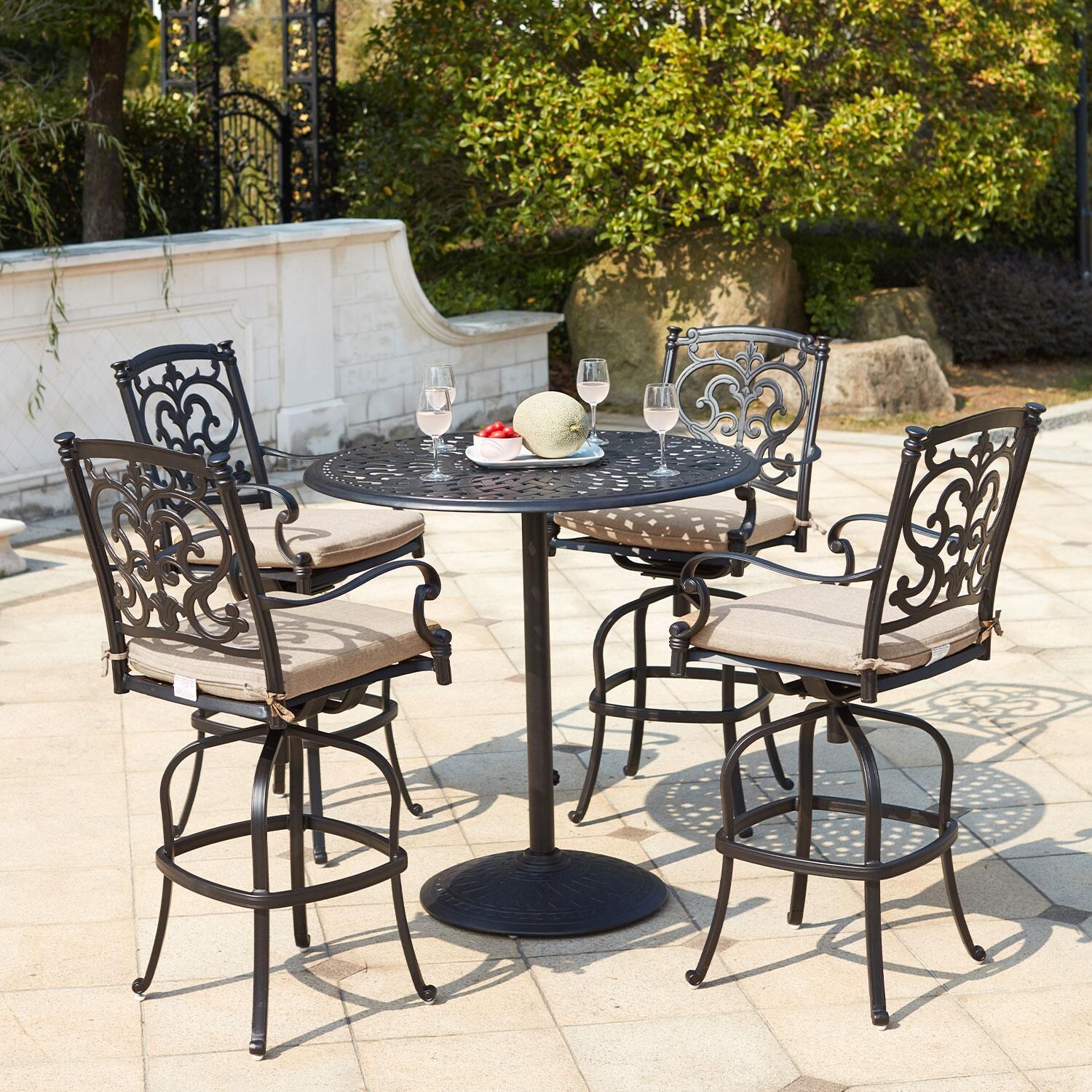 Santa Barbara 5 Pc Cast Aluminum Bar Set w/ 42 Inch Round Series 60 Table in Antique Bronze/Beige Canvas by Darlee