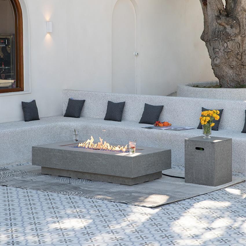 Riviera OFG415LG-LP 60 Inch Rectangular Concrete Propane Fire Pit Table in Gray By Elementi - On - Propane Tank Holder - Lifestyle thumbnail