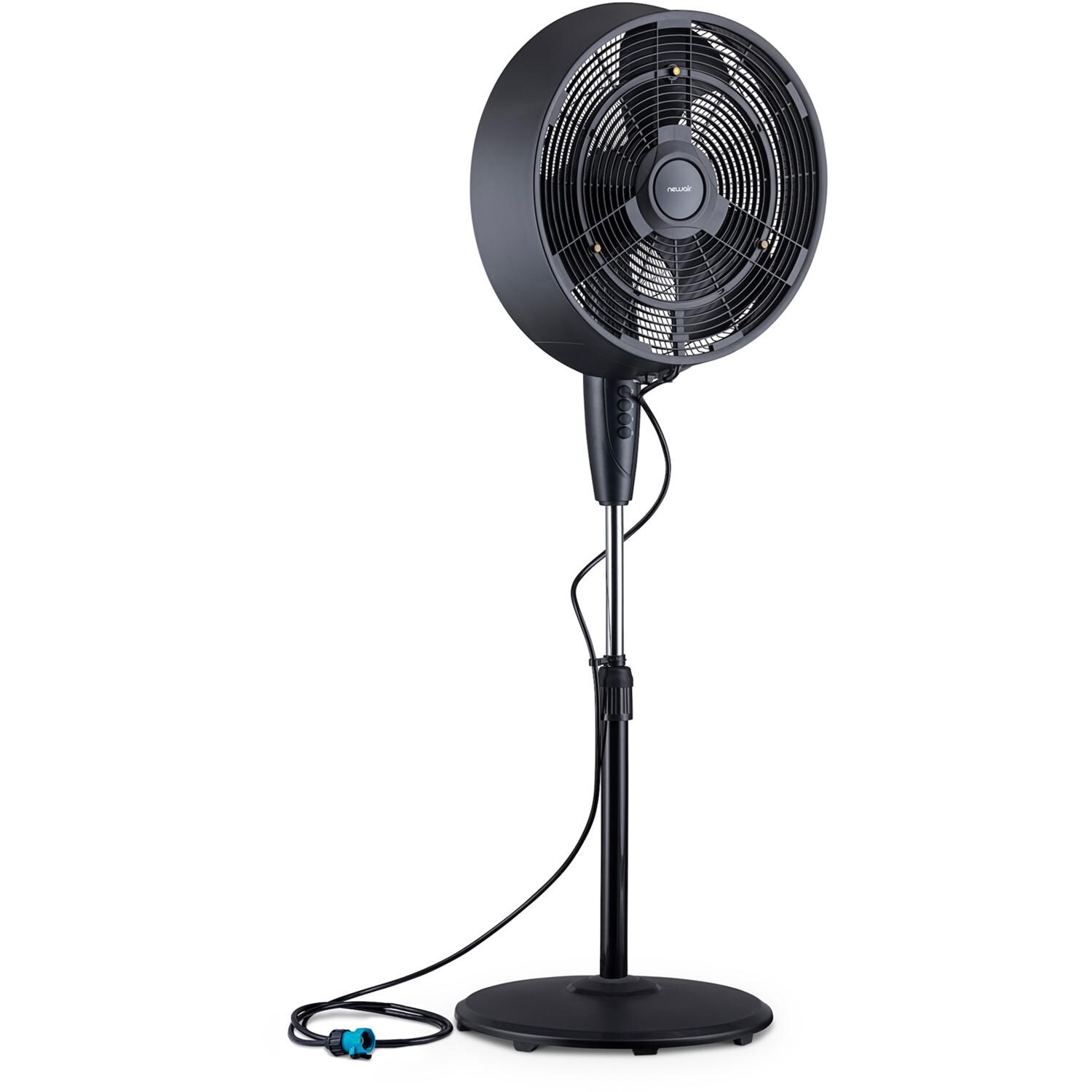 NewAir FMF2K5BK00 18-in Misting & Oscillating Pedestal Fan for Indoor & Outdoor w/ Adjustable Height & Head Tilt - 1600 CFM - Angled w/ Cord - White Background thumbnail