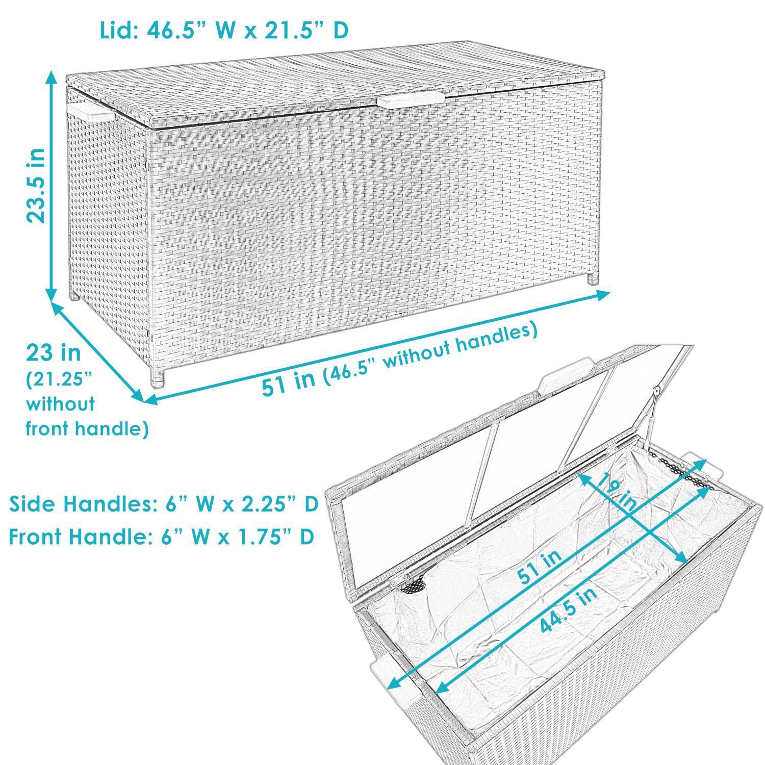 Ultimate Patio 75-Gallon Indoor/Outdoor Resin Wicker Storage Box W/ Acacia Wood Handles - Dimensions thumbnail