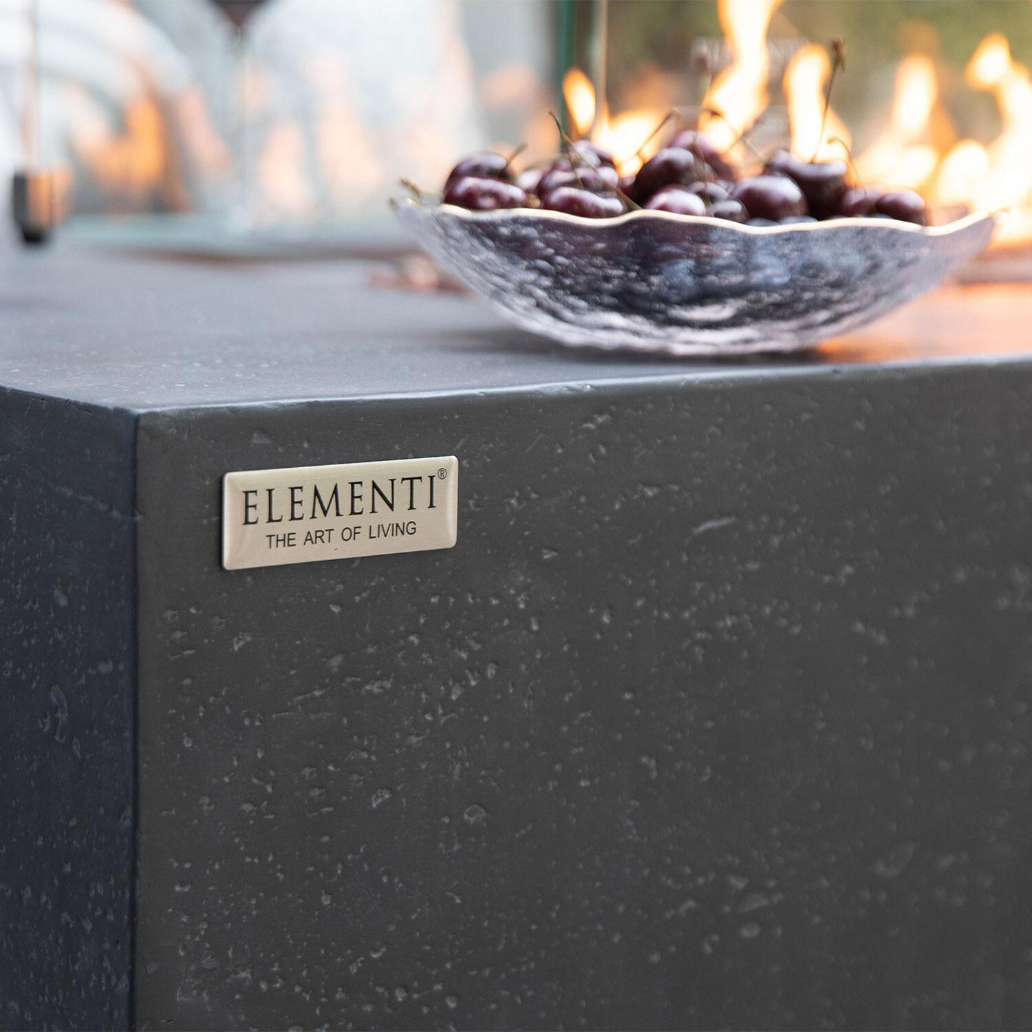 Andes 66 Inch Hidden Tank Rectangle GFRC Concrete Natural Gas Fire Table in Dark Gray By Elementi - Logo - Detail thumbnail