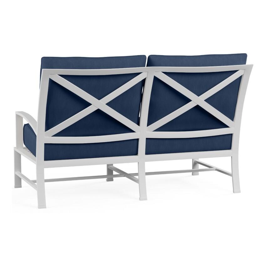 Bristol 2 Person Aluminum Loveseat w/ Self Welt in White/Spectrum Indigo by Sunset West - Back - White Background thumbnail