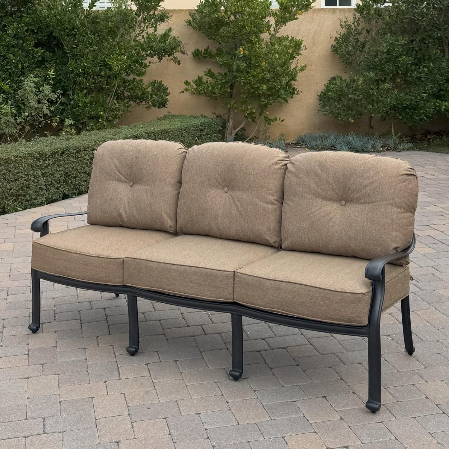 Elisabeth 4 Pc Set Cast Aluminum Seating Set w/ 49 X 35 Inch Propane Fire Pit Table w/ Swivel Chairs in Sesame/Antique Bronze by Darlee - Sofa w/ Cushions - Lifestyle thumbnail