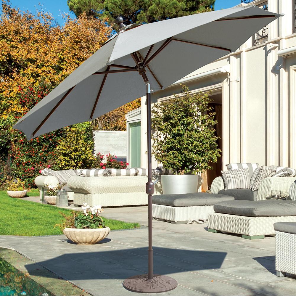 Galtech 9 Ft. Octagonal Patio Umbrella W/ Crank Lift - Lifestyle View - Shown In Antique Bronze W/ Jockey Red Sunbrella Fabric (Umbrella Base Not Included) thumbnail