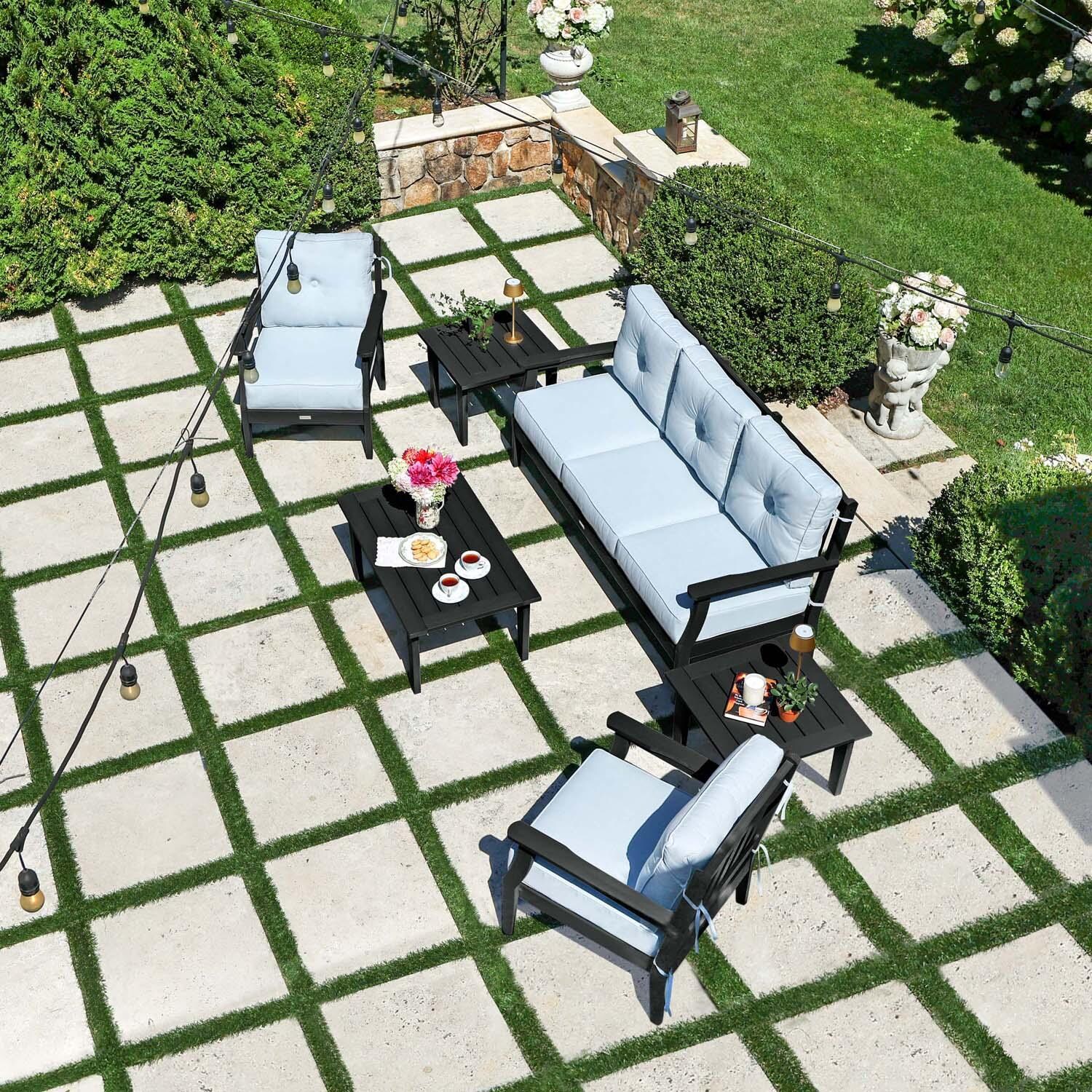 Blushing Bay 6 Pc Recycled Plastic Seating Set w/ Sofa in Bliss Dew/Black by Lakeview Outdoor Designs - Top View - Lifestyle thumbnail