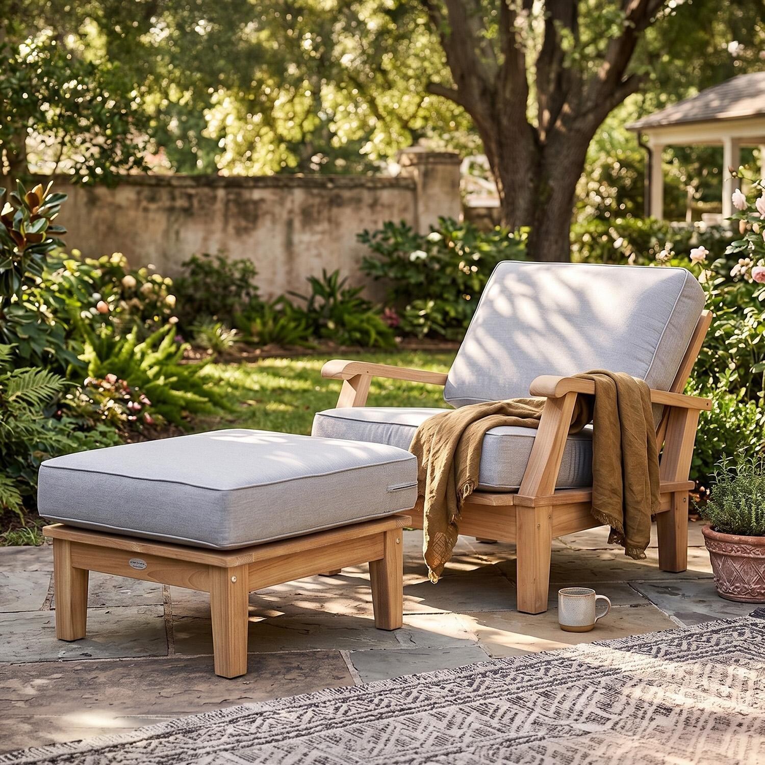 Royal Teak Collection Miami 2 Pc Teak Seating Set w/ Ottoman in Canvas Granite - On Patio - Lifestyle thumbnail