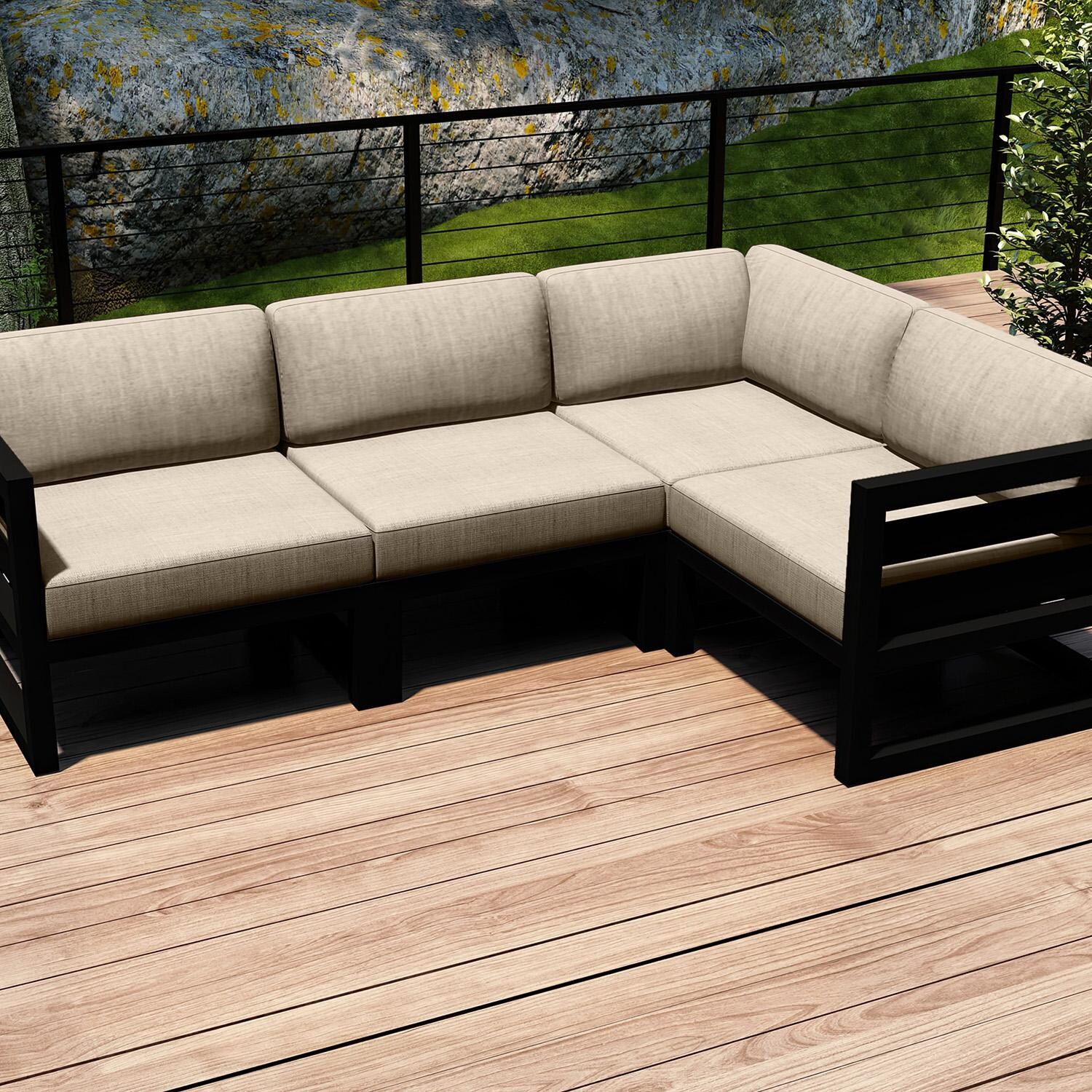 Misty Cove 4 Pc Aluminum Seating Set w/ Sectional in Black/Canvas Flax by Lakeview Outdoor Designs