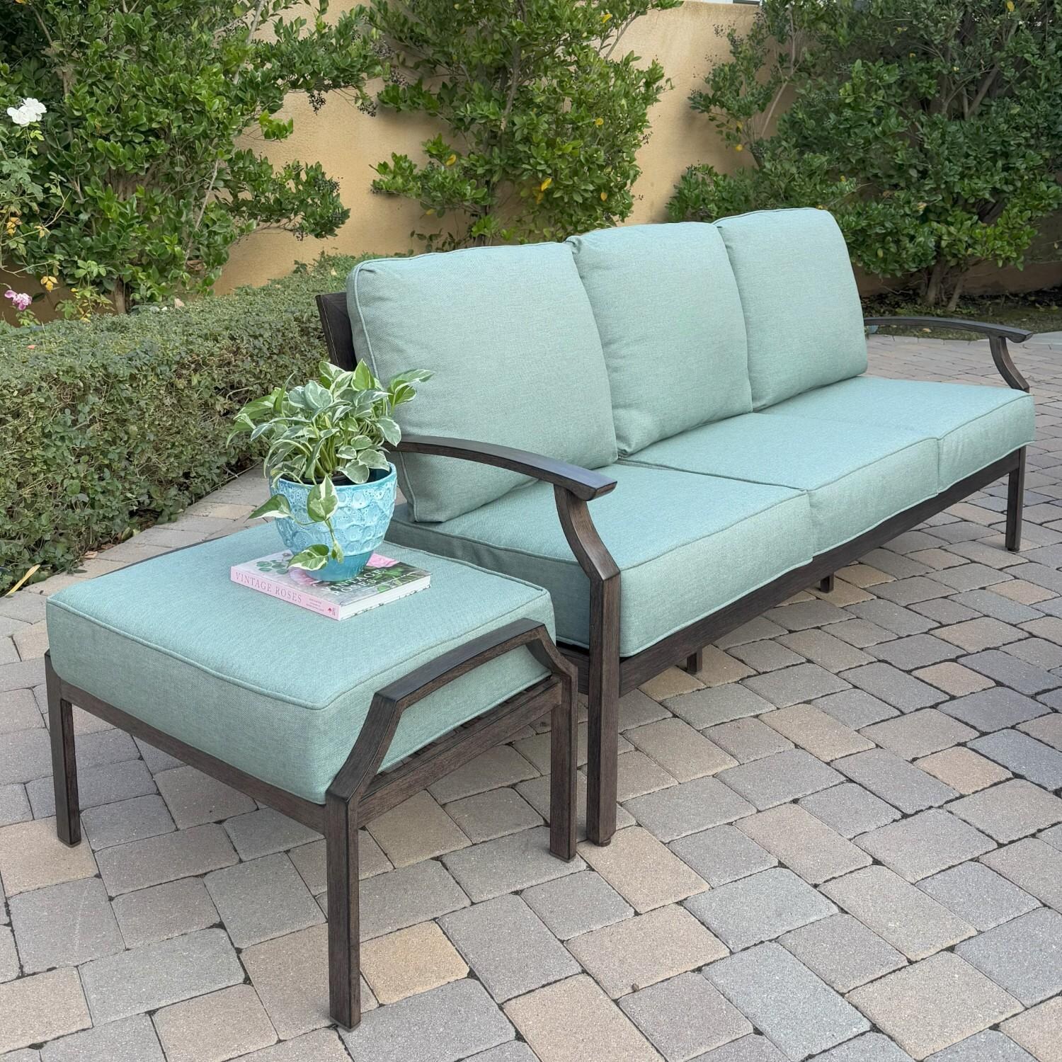 Atlantis 6 Pc Aluminum Seating Set  w/ Sofa, 2 Club Chairs, 2 Ottomans & Ice Bucket  in Walnut/Spa by Darlee - Sofa & Ottoman - Lifestyle thumbnail