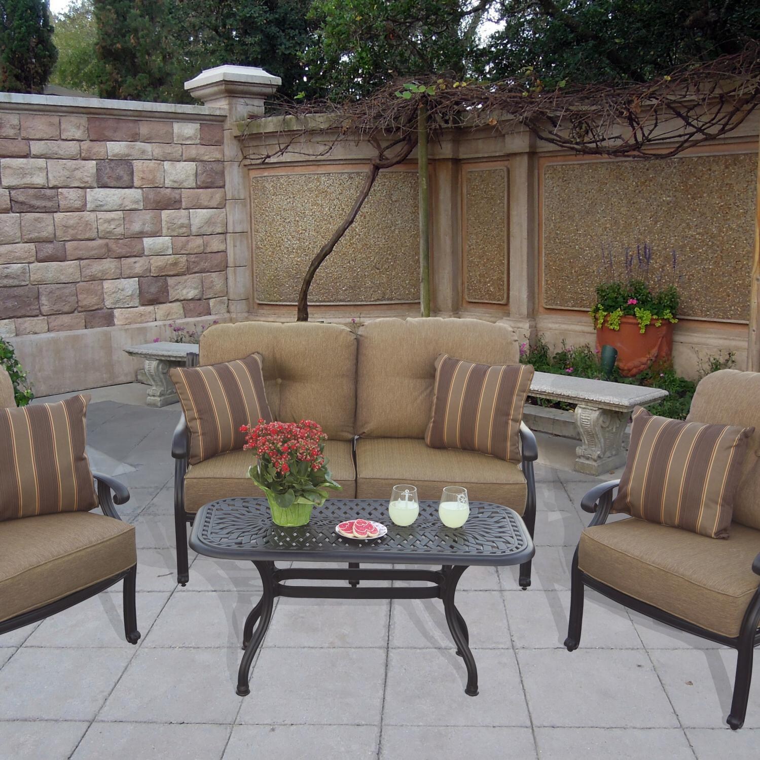Nassau 4 Pc Cast Aluminum Seating Set w/ 42 X 21 Inch Series 60 Table & Throw Pillows in Antique Bronze/Sesame by Darlee
