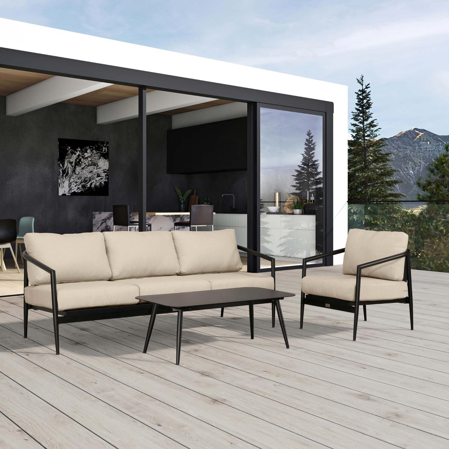 Lakeview Midnight Cove 3 Pc Aluminum Sofa Seating Set in Black/Carbon/Canvas Flax - Detail - Lifestyle thumbnail
