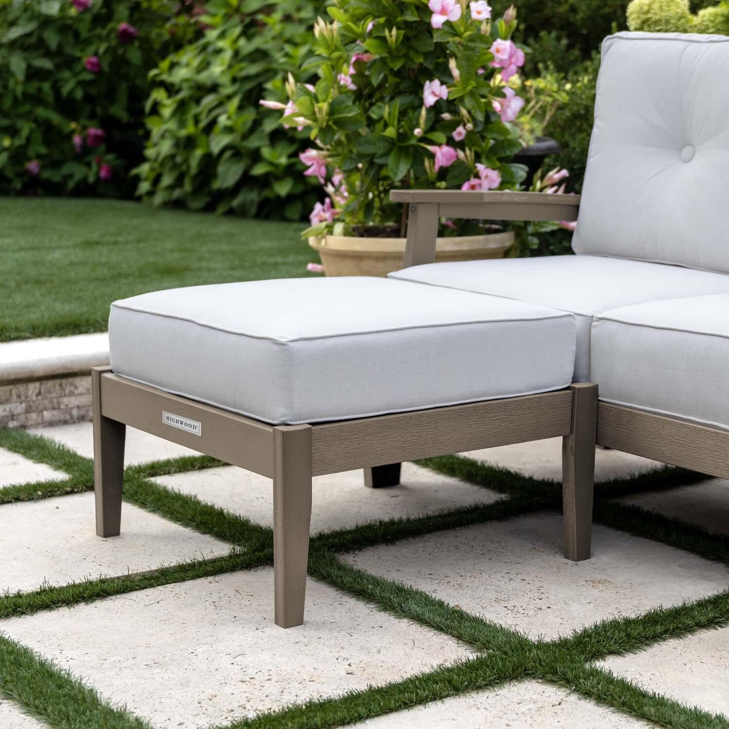 Blushing Bay Recycled Plastic Ottoman in Bliss Linen/Woodland Brown by Lakeview Outdoor Designs - Shown w/ Chair (Not Included) - Lifestyle thumbnail